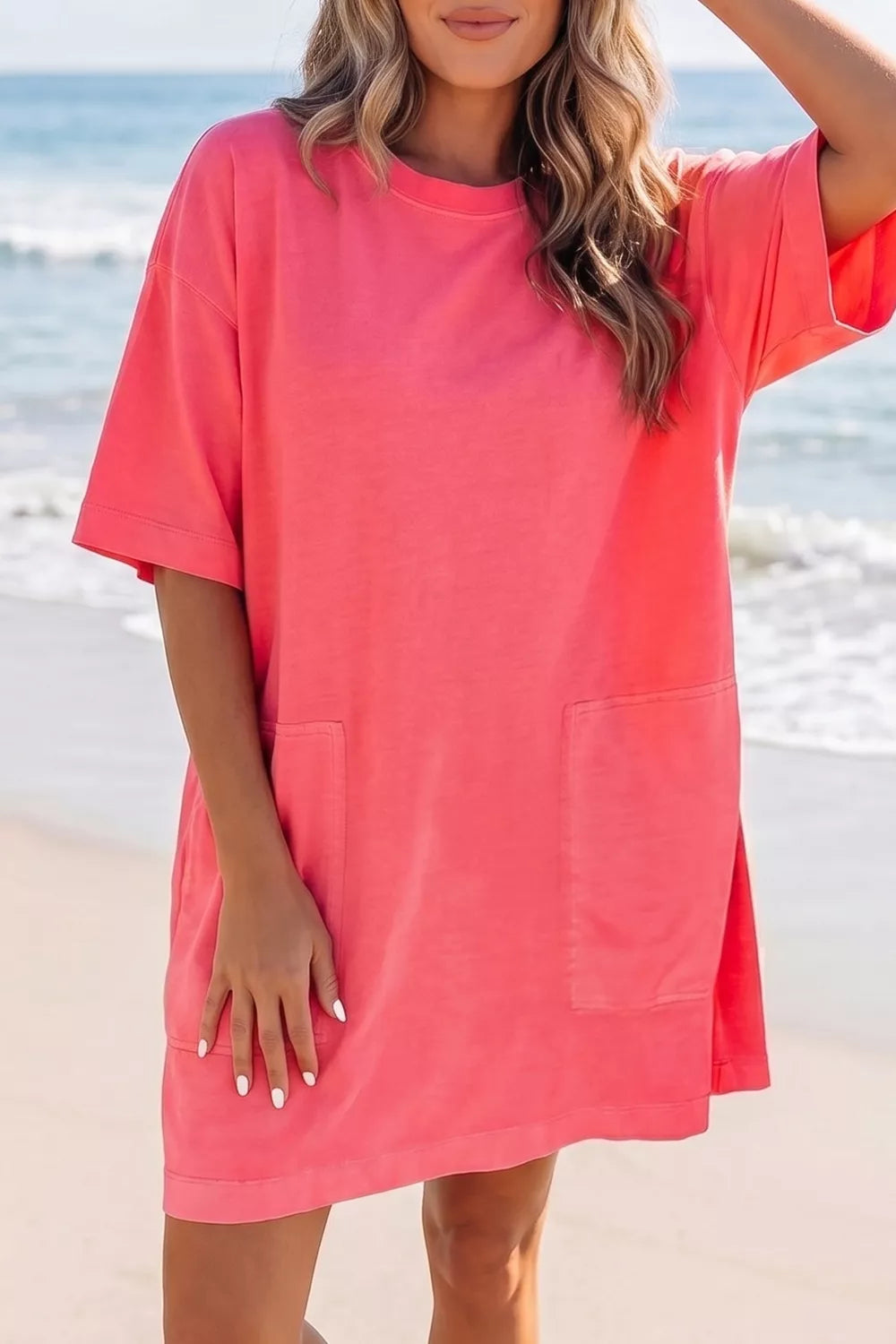 Coral Paradise Drop Shoulder Loose Casual T Shirt Mini Dress