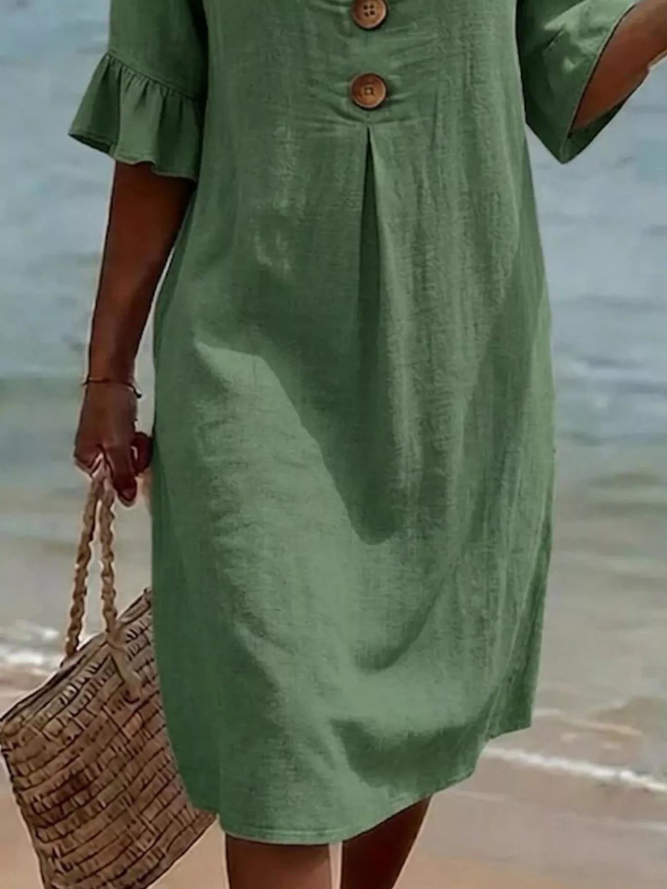 Full Size Button Decor Flounce Sleeve Dress Plus Size