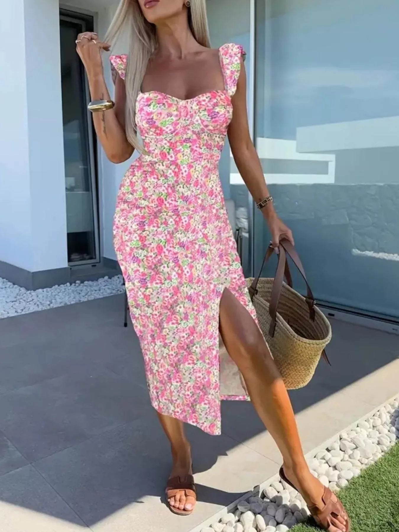 Slit Sweetheart Neck Midi Dress