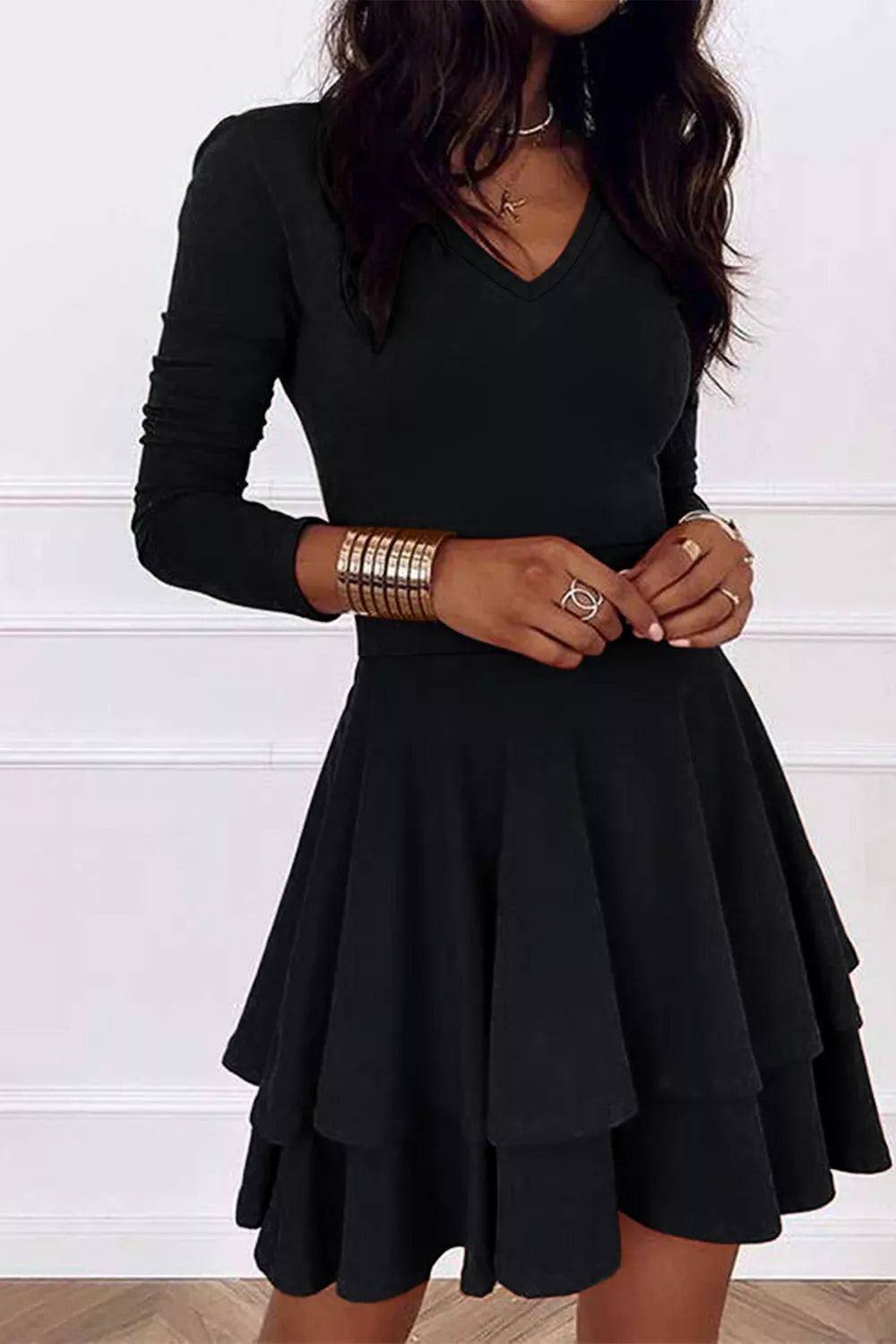 Layered Long Sleeve V-Neck Mini Dress