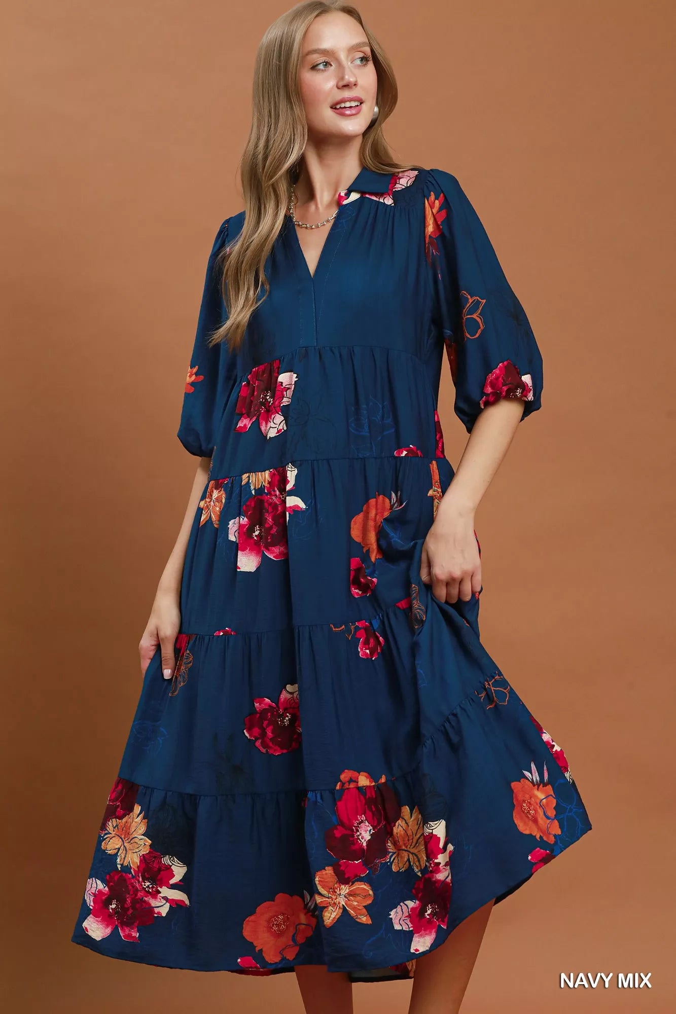 Umgee Floral Print Tiered Midi Dress with Puff Sleeves