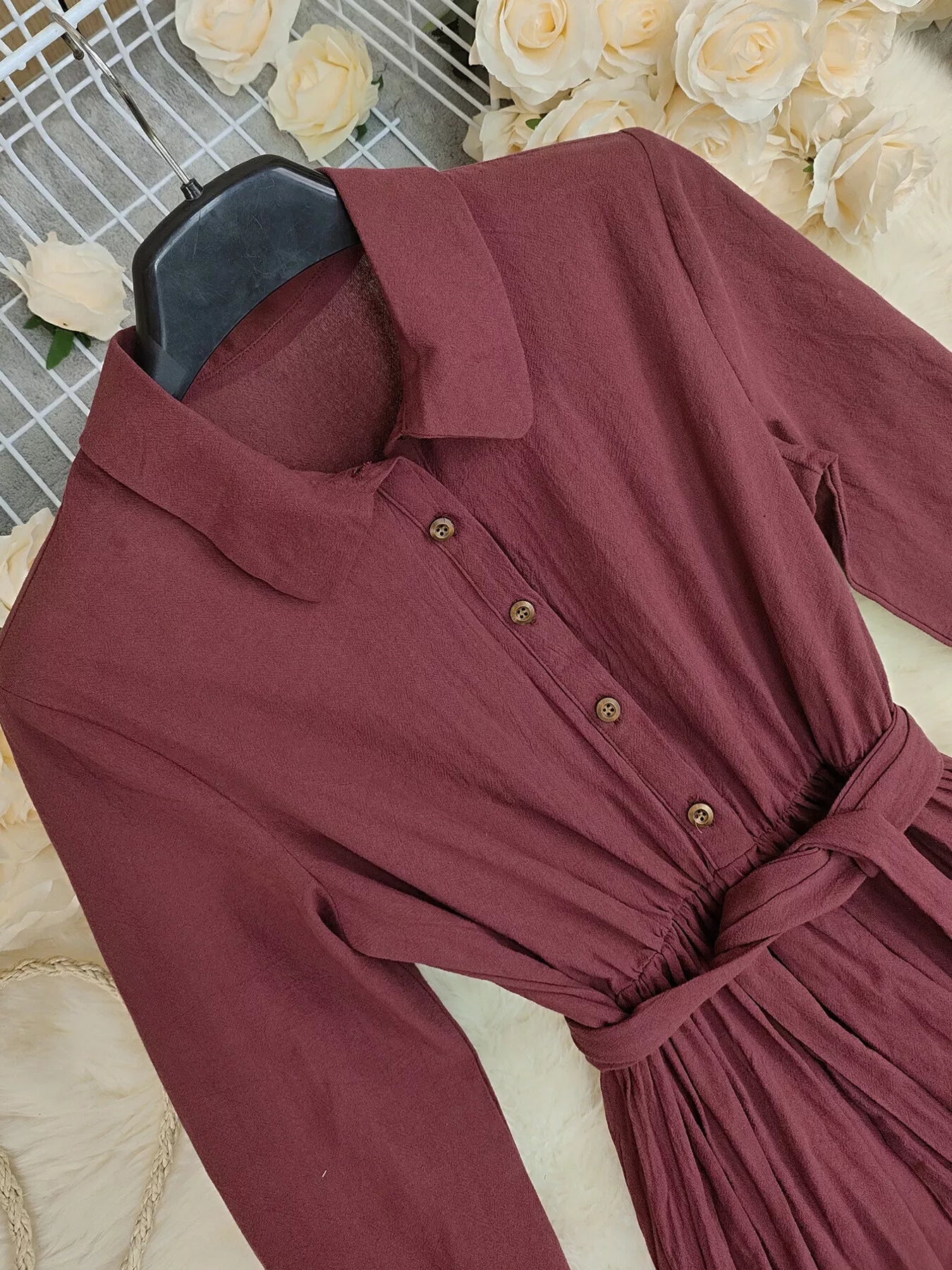 Tie Waist Long Sleeve Ruffled Hem Dress