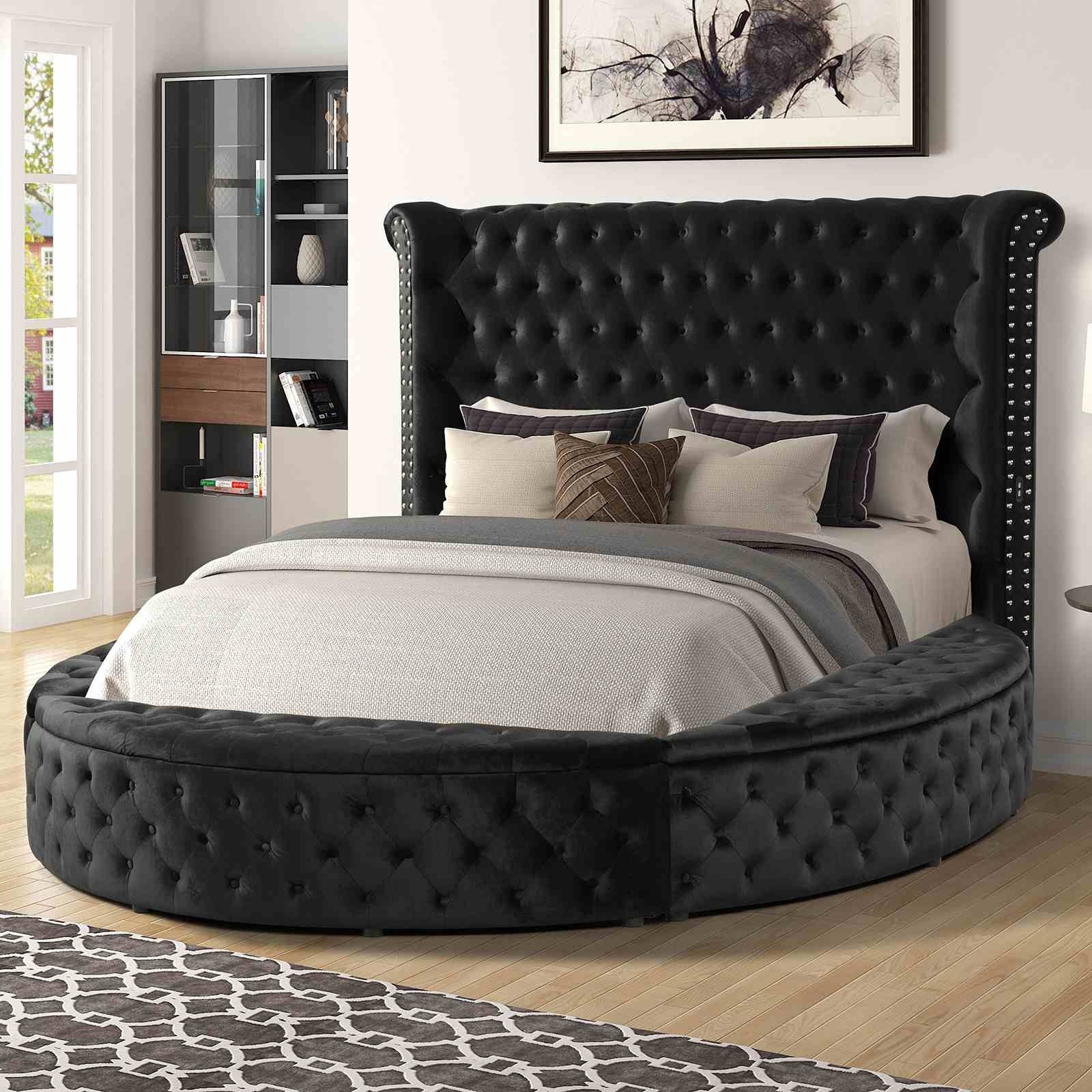 Glam 1pc King Size Bed Round Storage