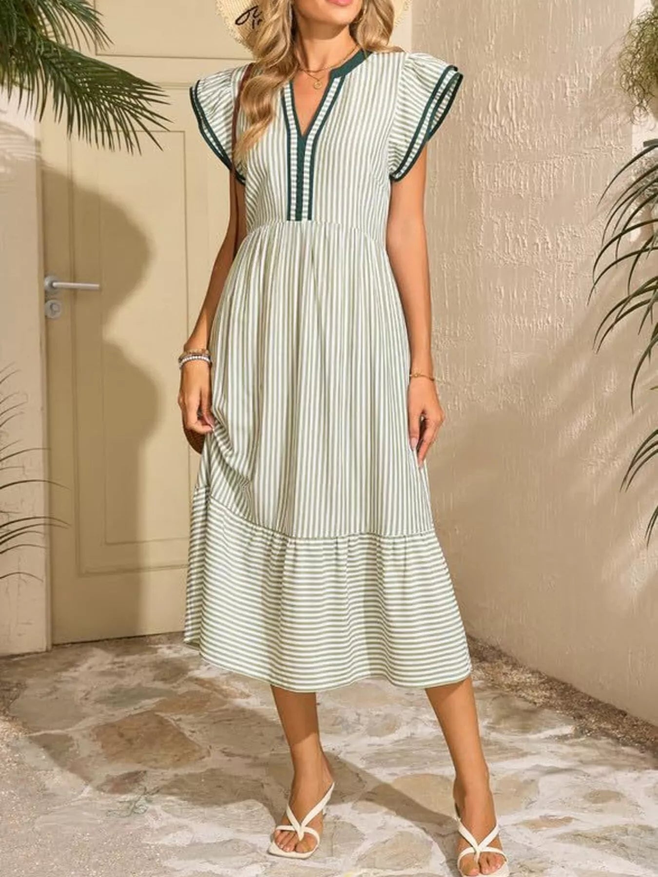 Striped Notched Ruffle Sleeve Dress