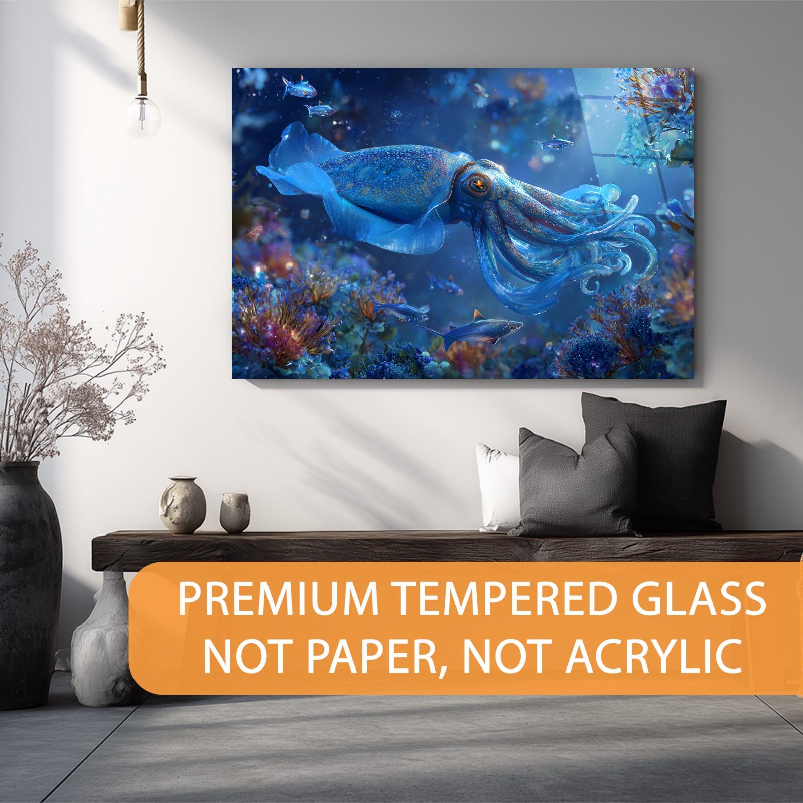 Blue Squid Tempered Glass Wall Art | Ocean Reef Decor