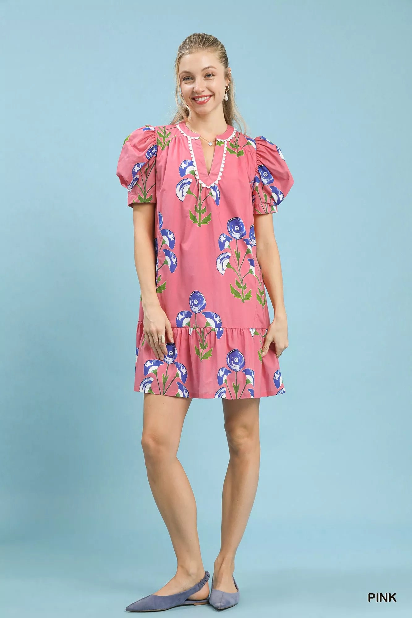 Umgee Floral Print Puff Sleeve Mini Dress with Scallop Trim