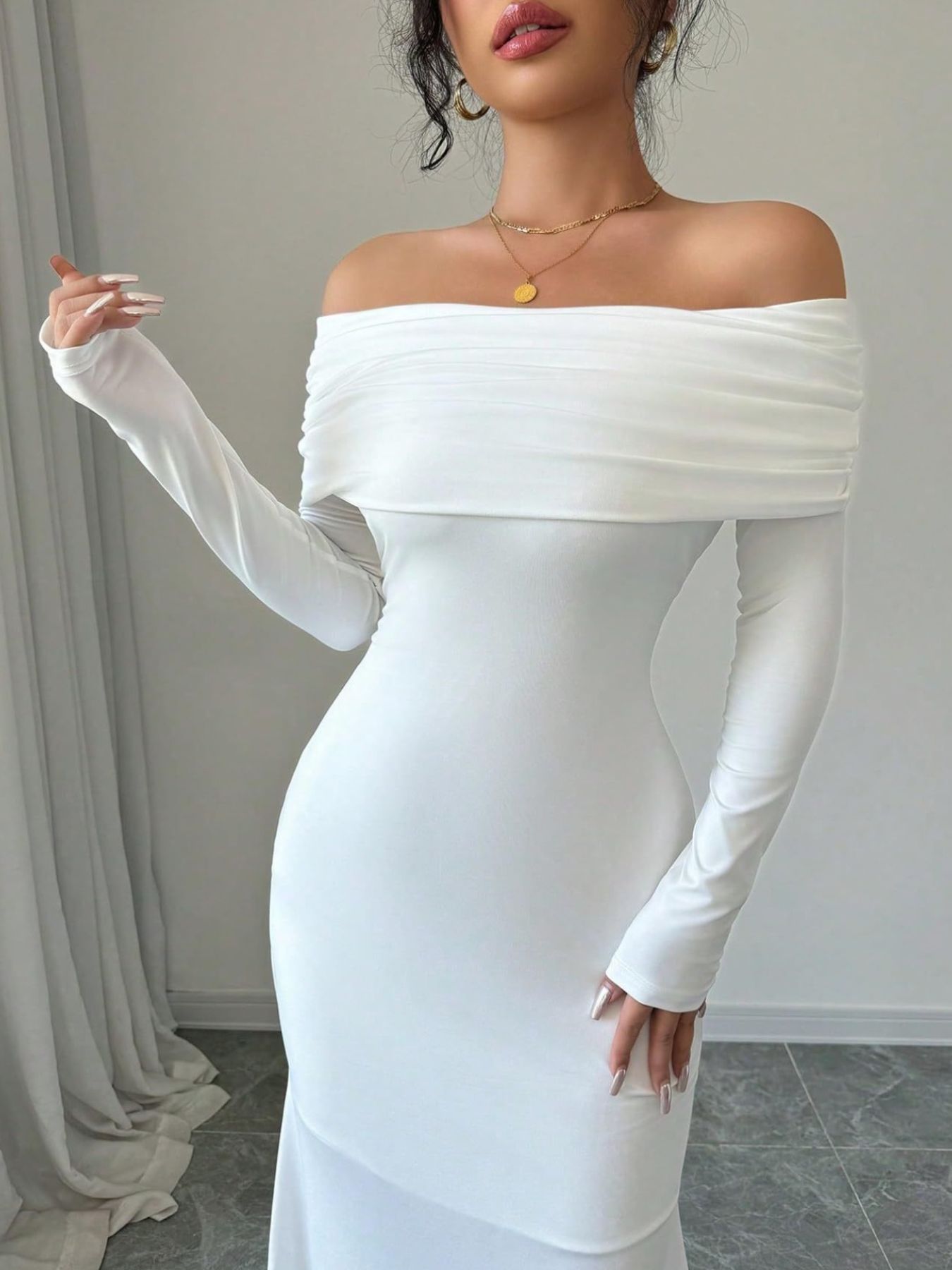 Off-Shoulder Ruched Bodycon Maxi Dress