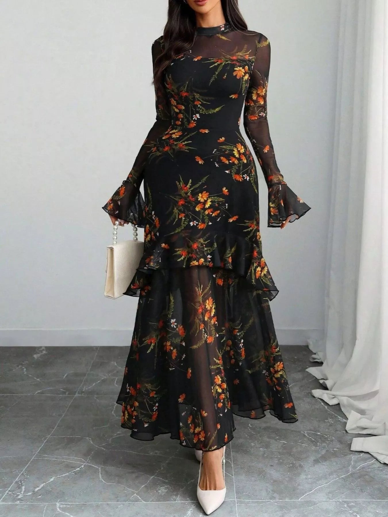 Floral Print Flounce Sleeve Mermaid Maxi Dress