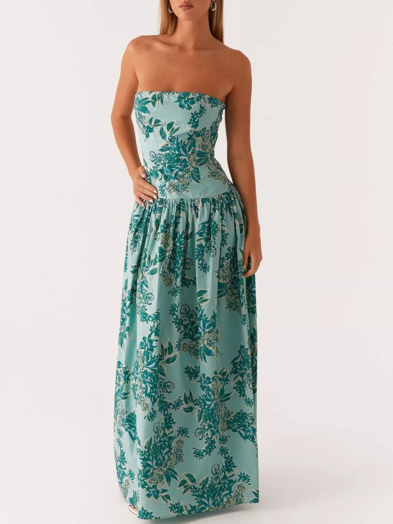 Ruched Printed Tube Maxi Dress