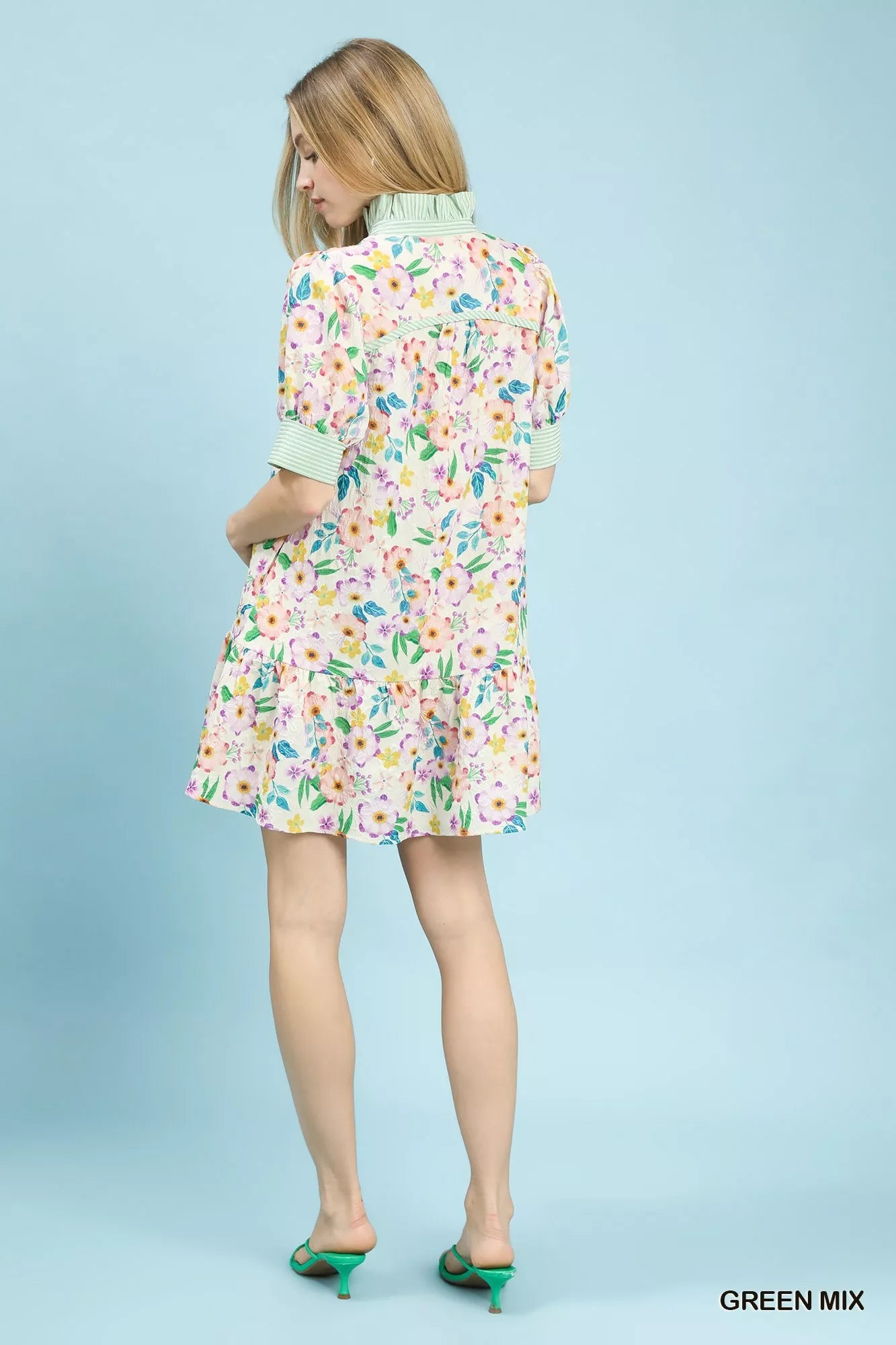 Umgee Mix Floral Ruffle Collar Tiered Babydoll Dress