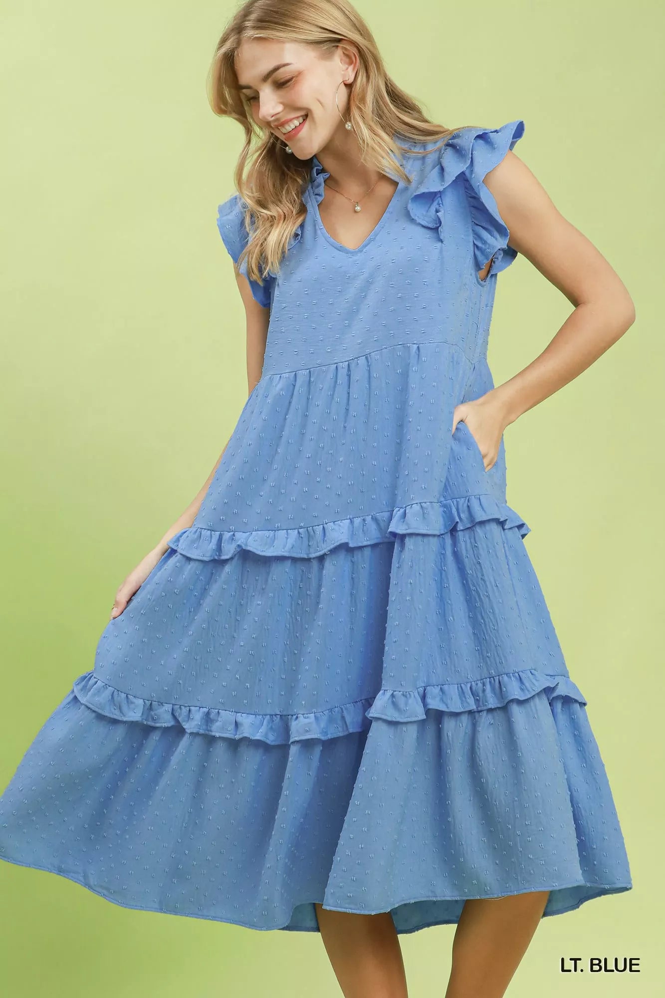 Umgee Textured Ruffle Sleeve Tiered Midi Dress