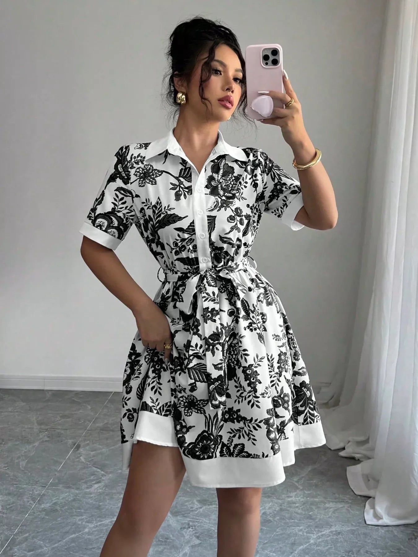Printed Button Front Mini Dress