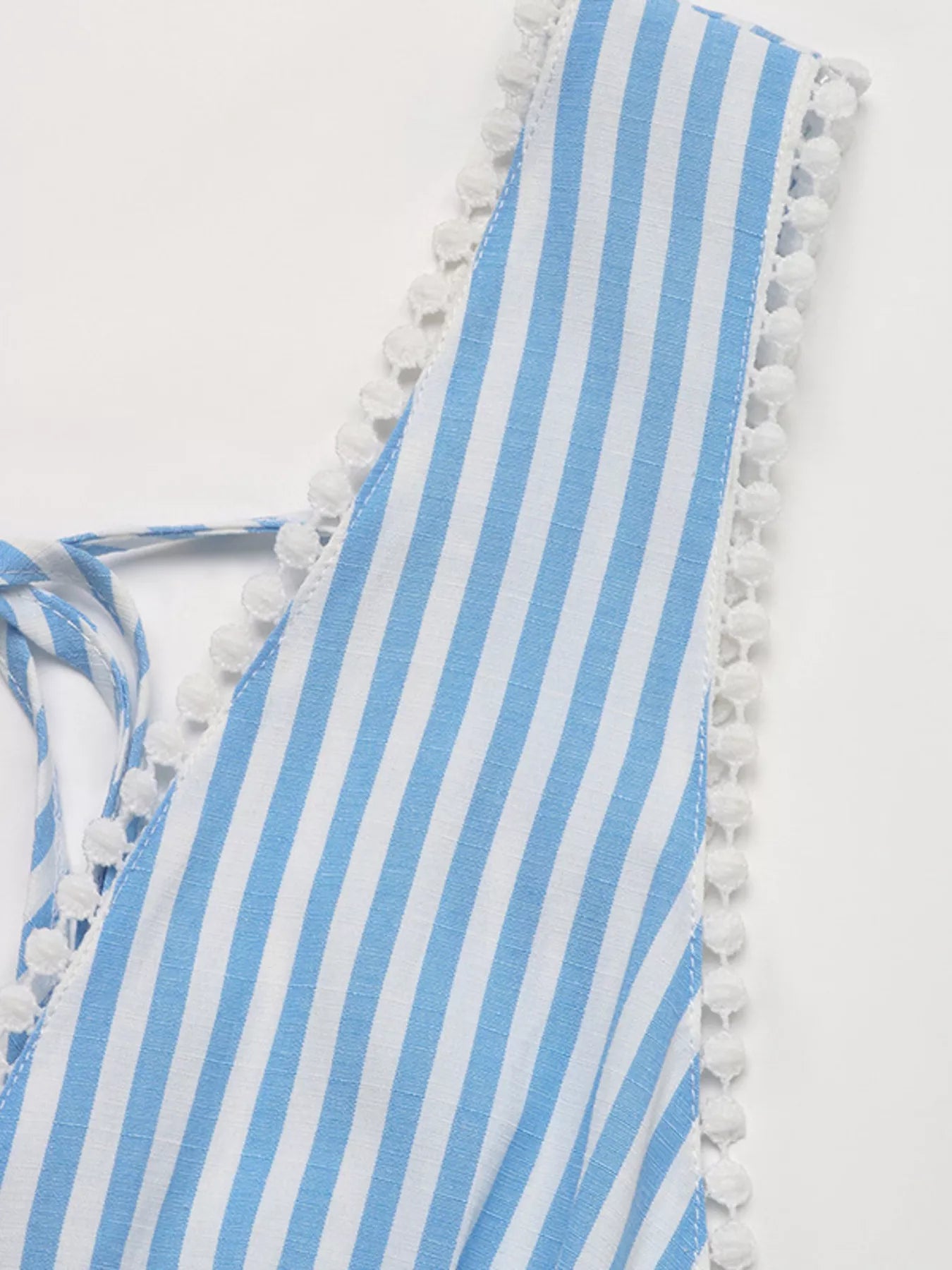 Striped Pom-Pom Trim Tie Front Sleeveless Mini Dress
