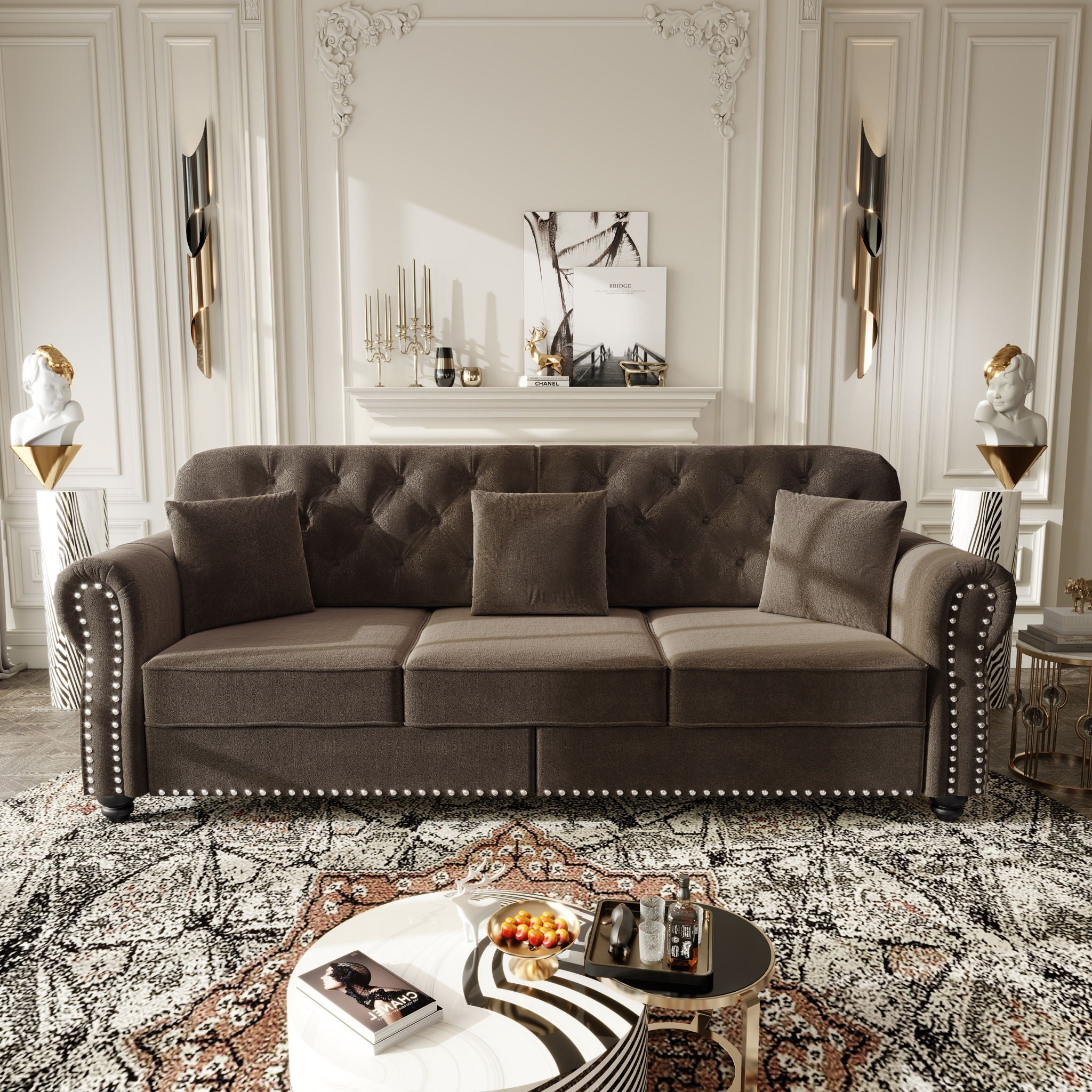 Upholstered Sofa Set With Nailhead Trim And Rolled Armrests, Includes Pillows