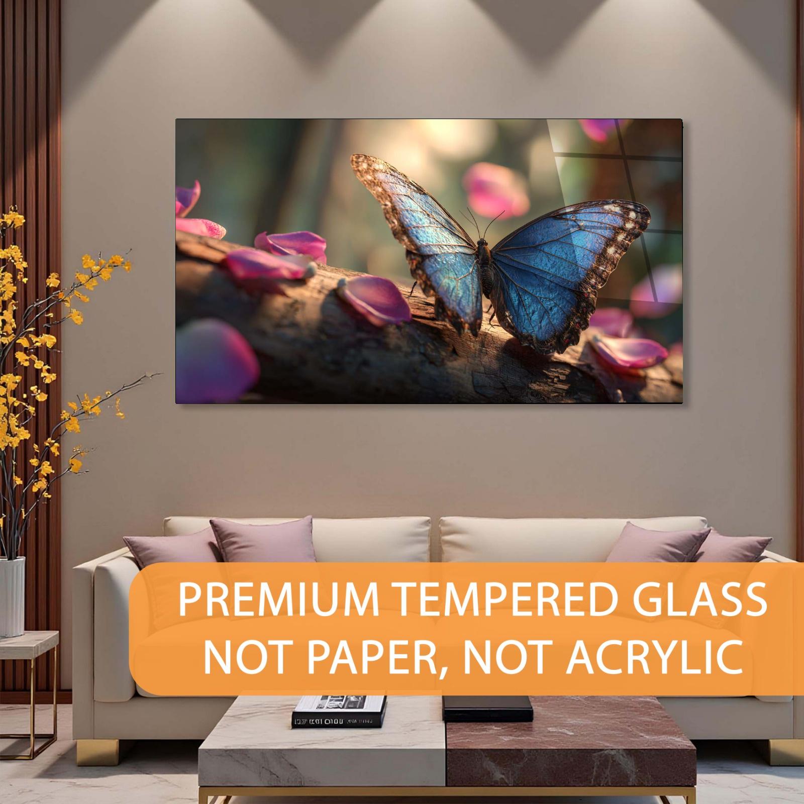 Blue Butterfly Tempered Glass Wall Art | Modern Nature Home Decor