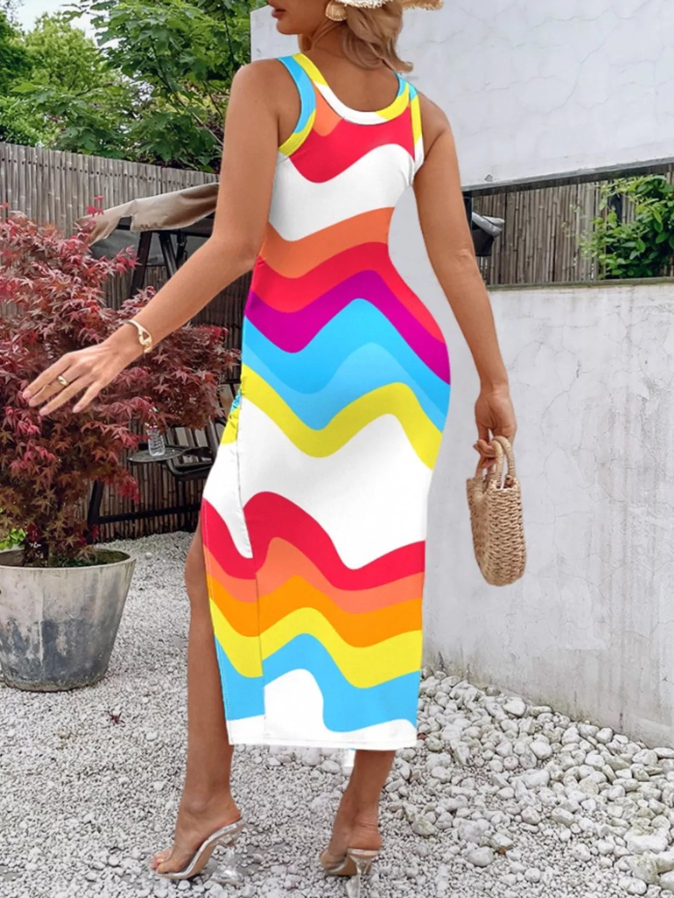 Ruched Slit Sleeveless Midi Dress