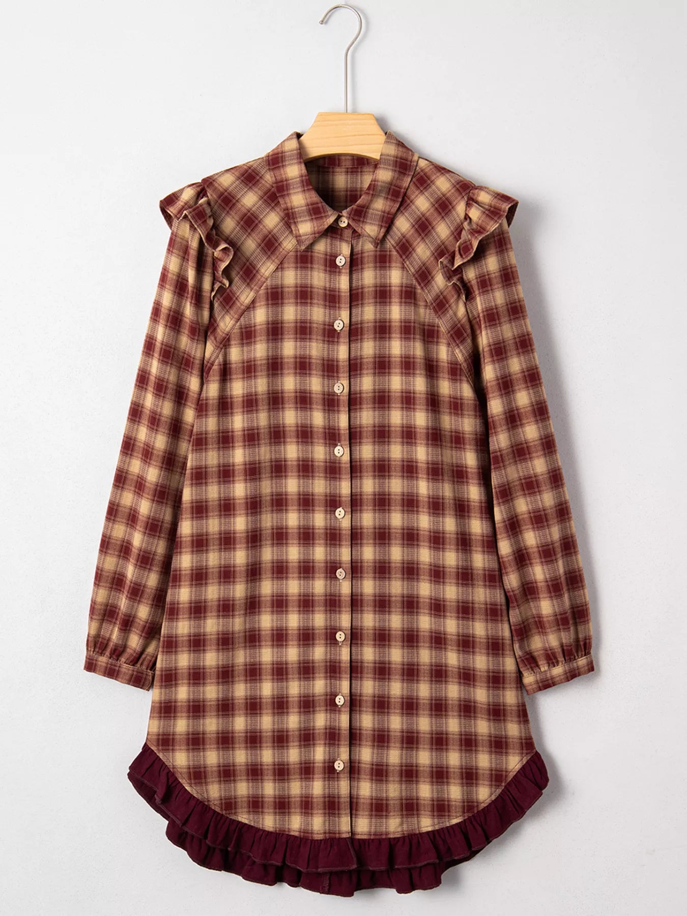 Plaid Print Ruffled Long Sleeve Patchwork Hem Mini Shirt Dress