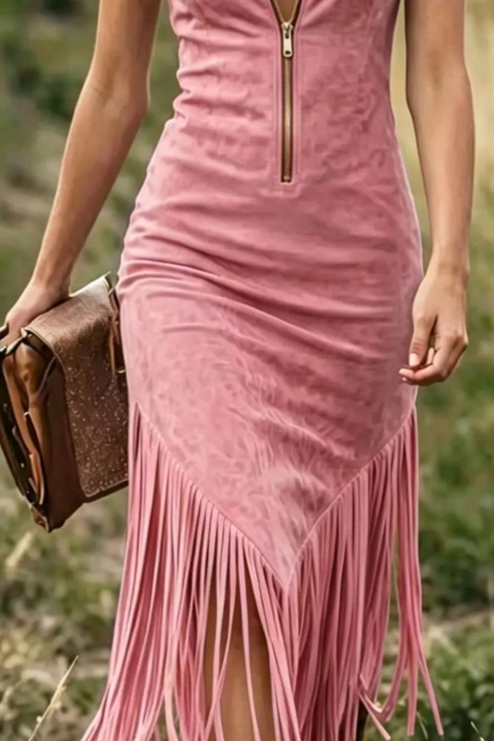 Fringe Zip Front Sleeveless Dress