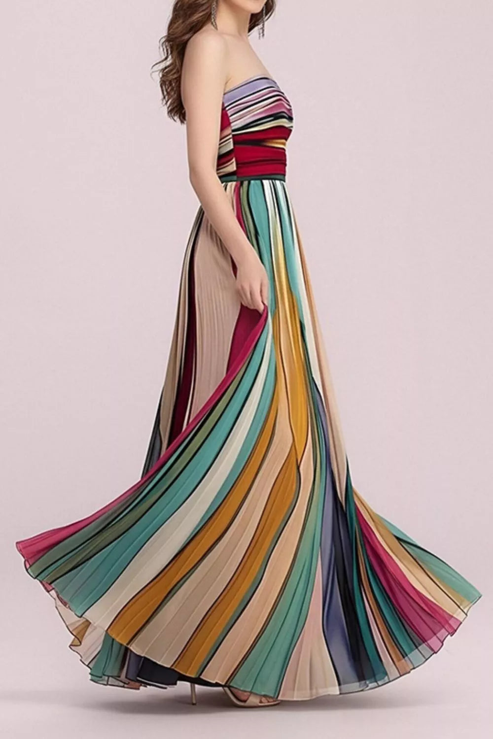 Striped Pleated Strapless Maxi Dress
