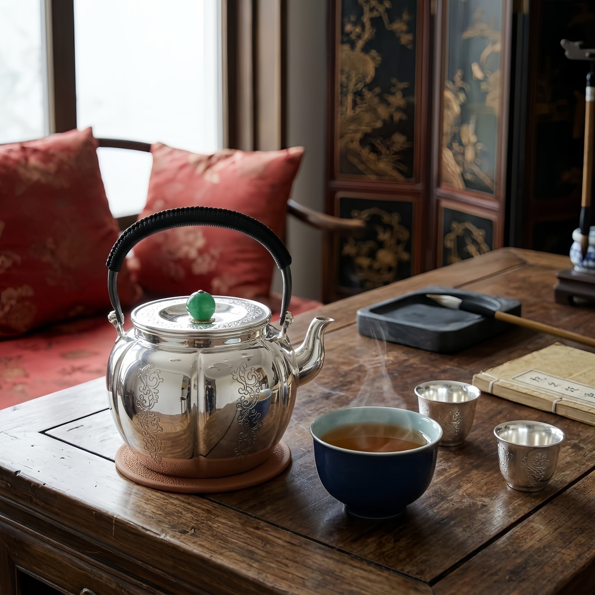 Pure 999 Fine Silver Elegant Silver Teapot with Green Jade Finial and Woven Black Handle - Handicraft