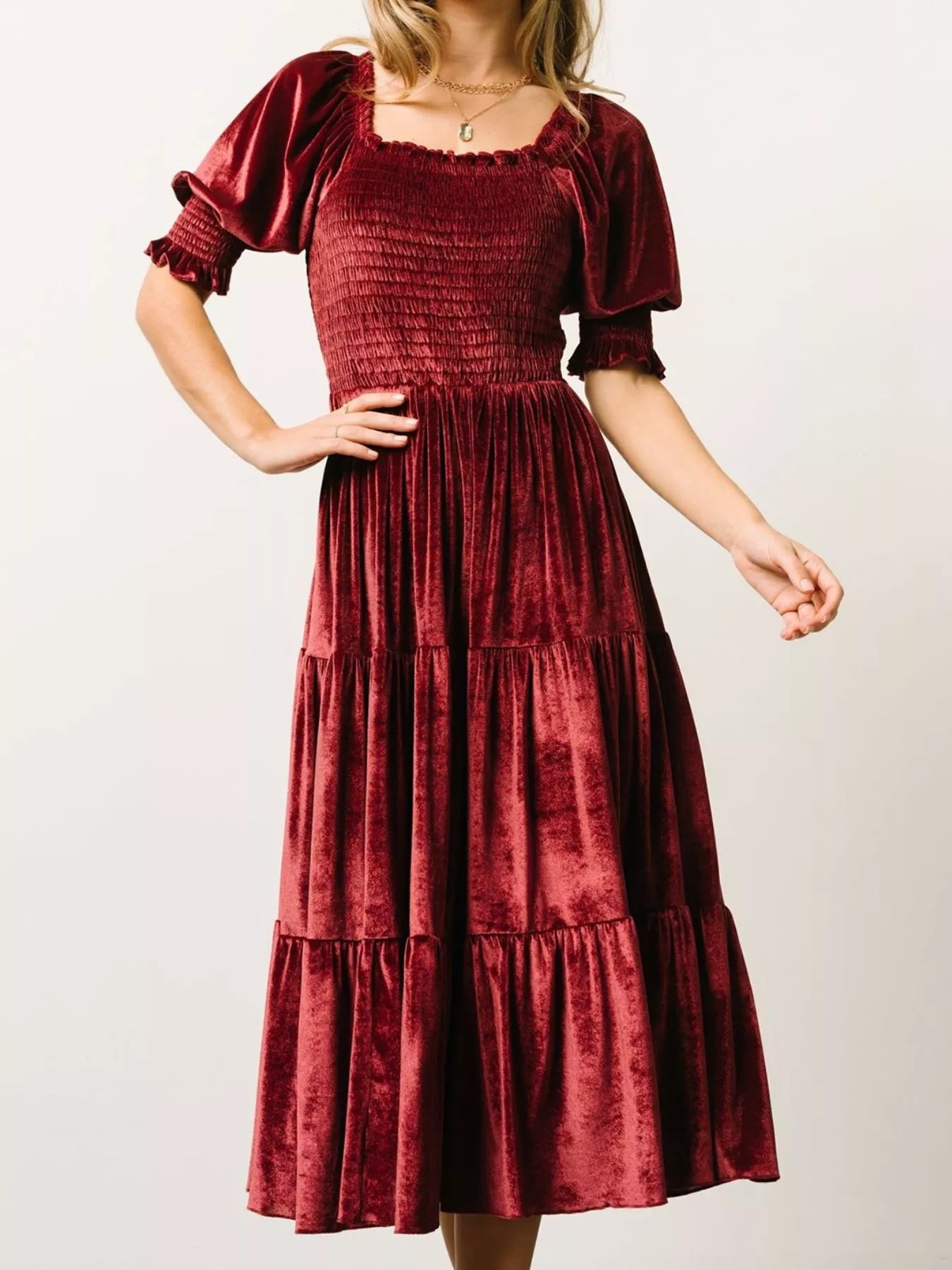 Velvet Smocked Tiered Midi Dress