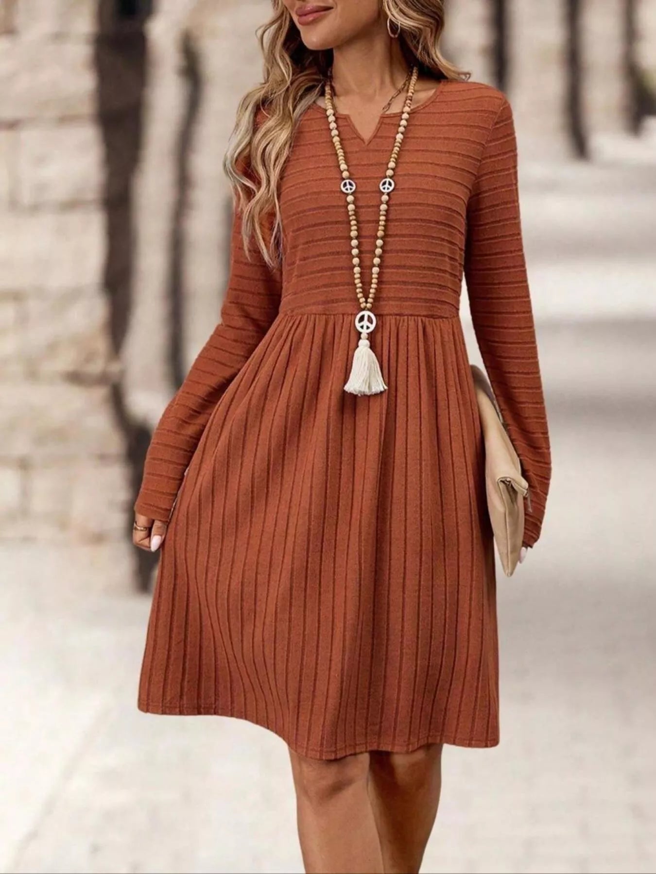 Ribbed Knit Long Sleeve A-Line Dress
