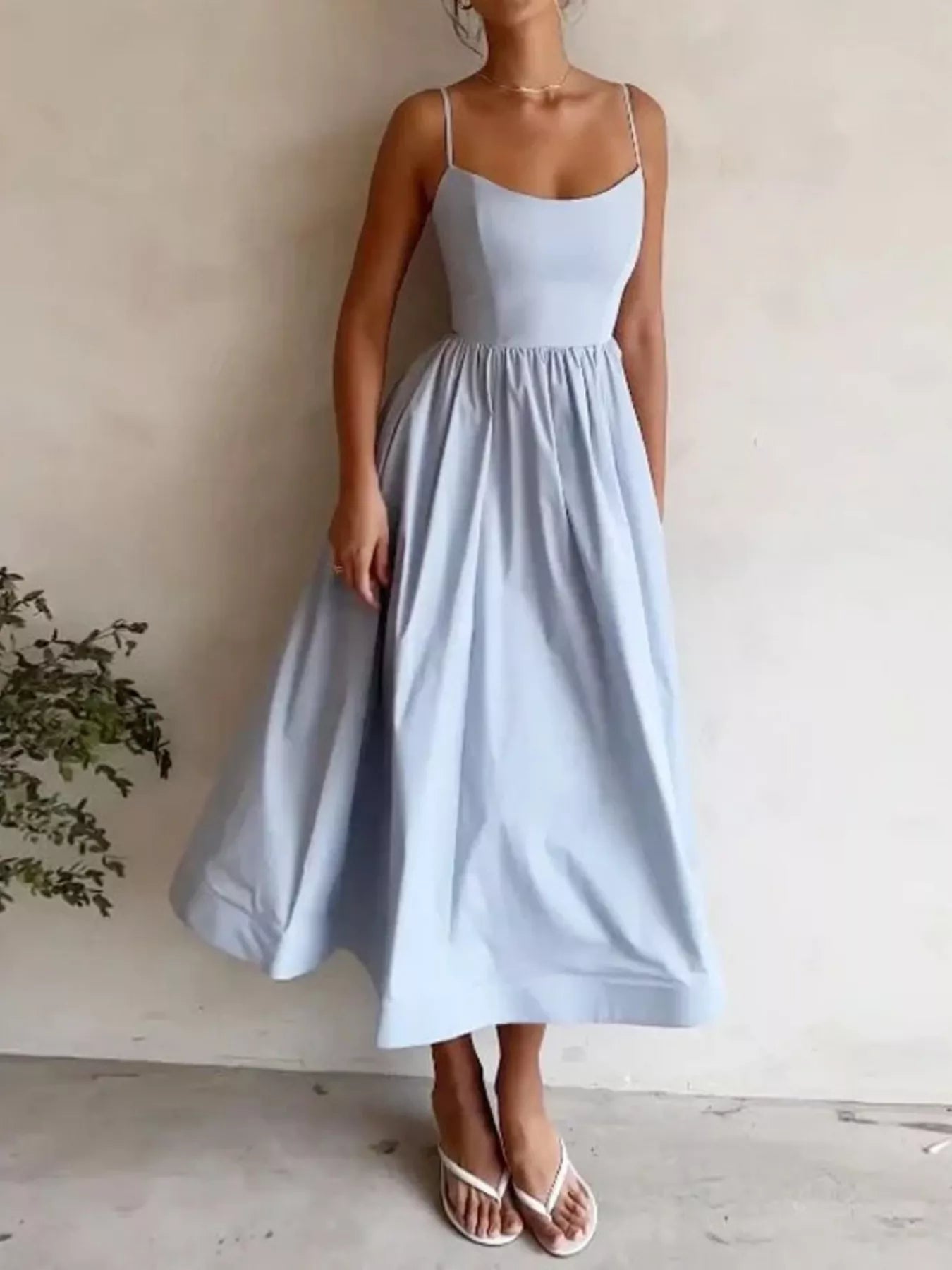 Adjustable Strap Scoop Neck Midi Dress