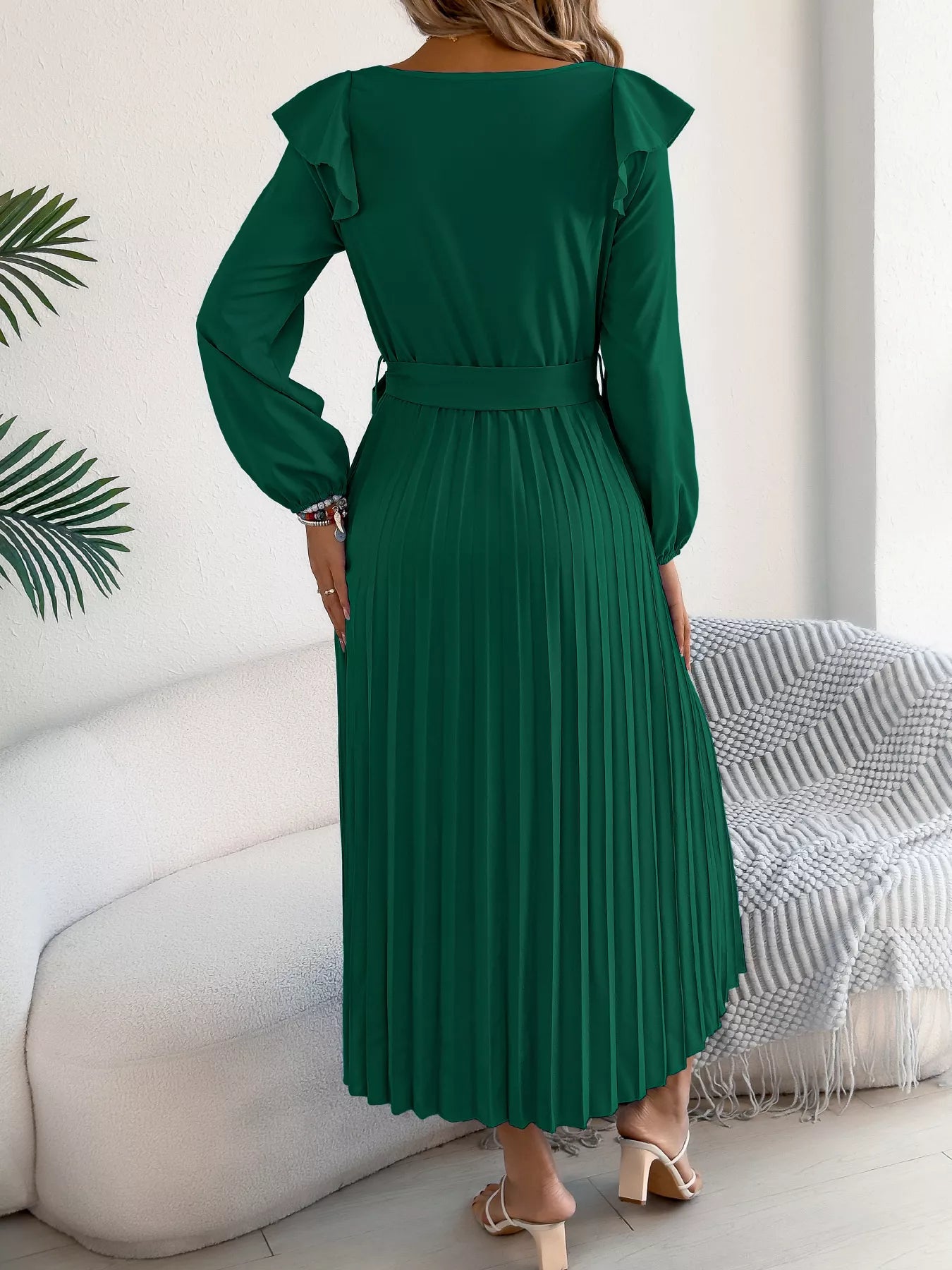 Ruffle Trim Pleated A-Line Midi Dress
