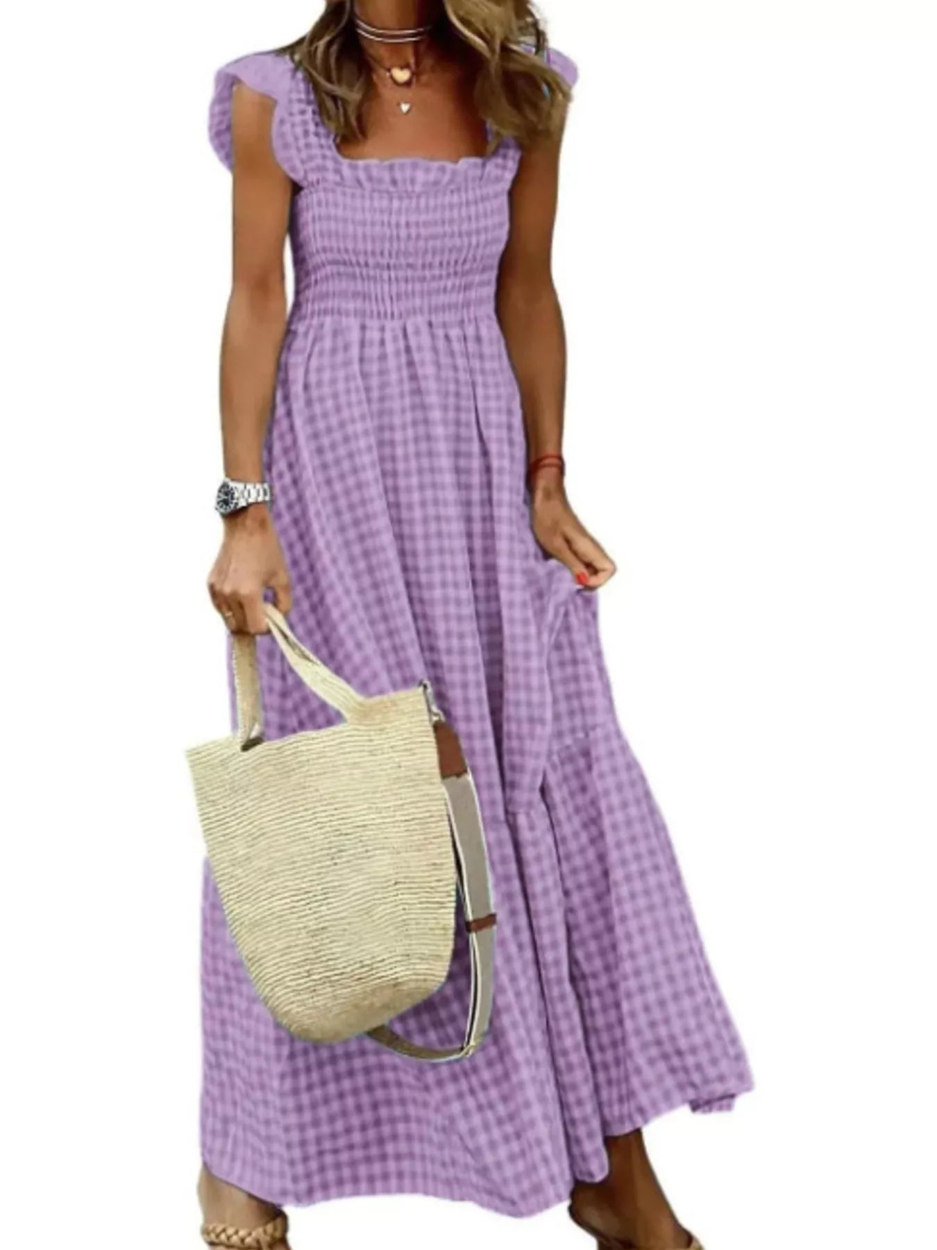 Full Size Gingham Smocked Ruffle Maxi Dress Plus Size