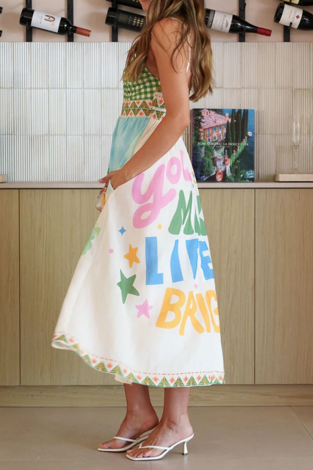 Gingham Bodice Scenic Print Midi Dress
