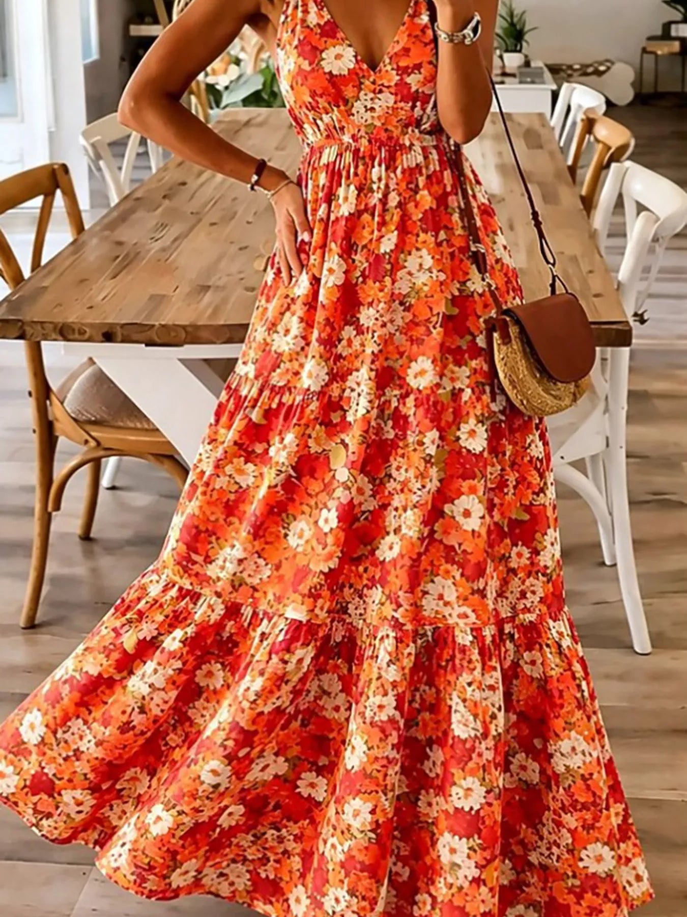 Floral Print Maxi Dress with Spaghetti Straps