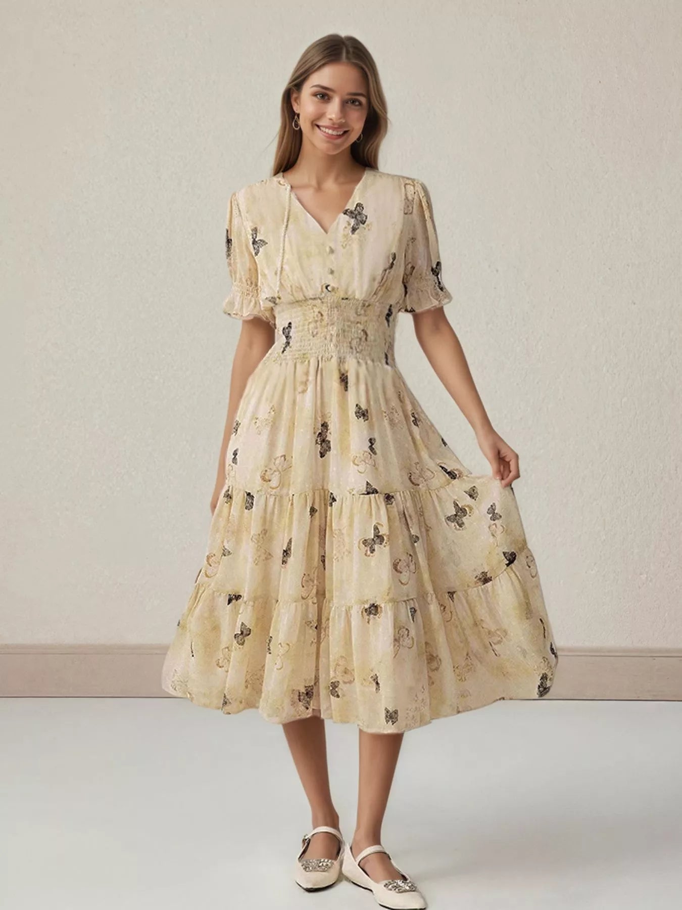 Butterfly Print Smocked Waist Tiered Midi Dress