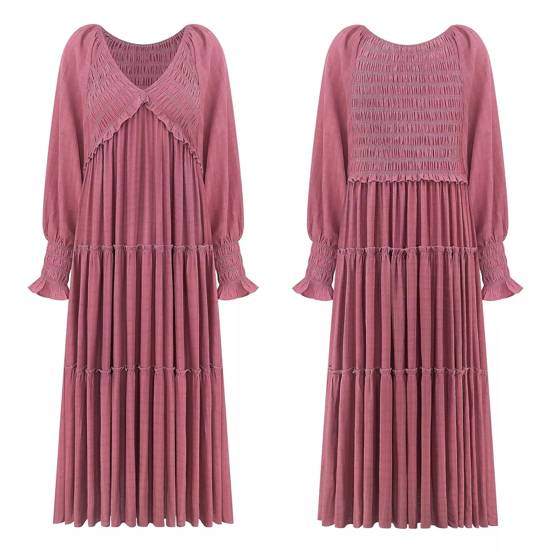 V-Neck Long Sleeve Tiered Maxi Dress