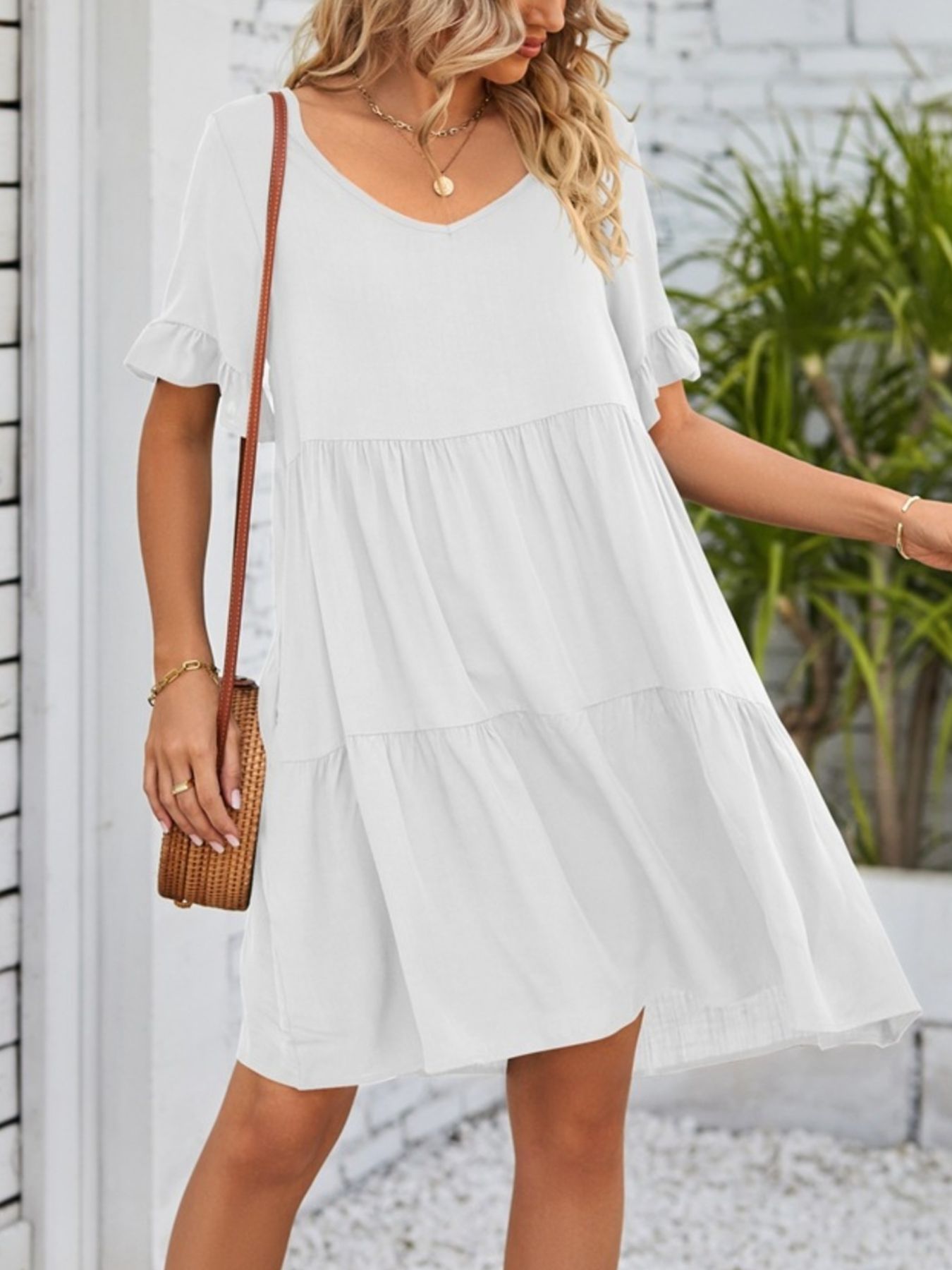 Ruffled Sleeve Tiered Mini Dress