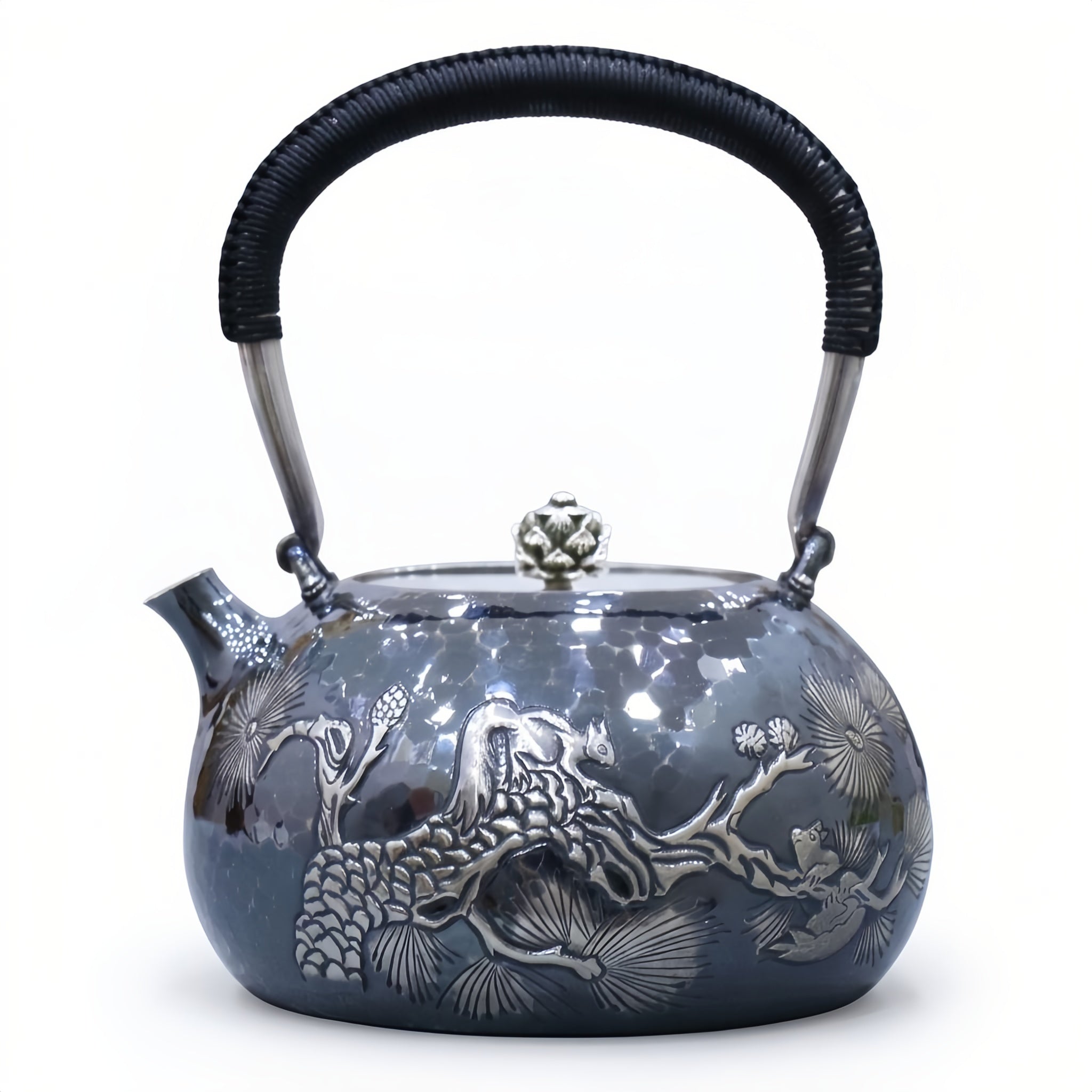 925 Sterling Silver Elegant Handcrafted Teapot with Nature-Inspired Squirrel and Pine Cone Design-Fine large teapot - Handicraft