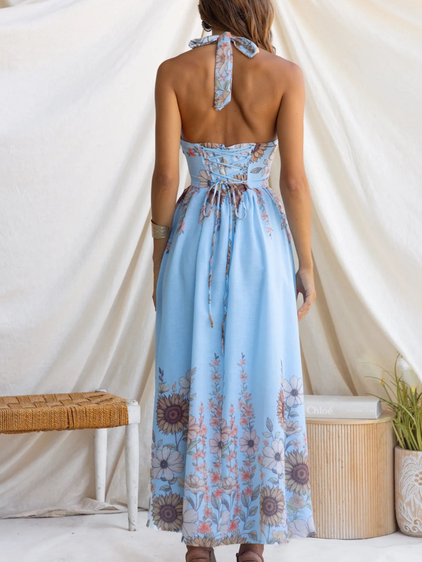 Floral Print Halter Neck Maxi Dress