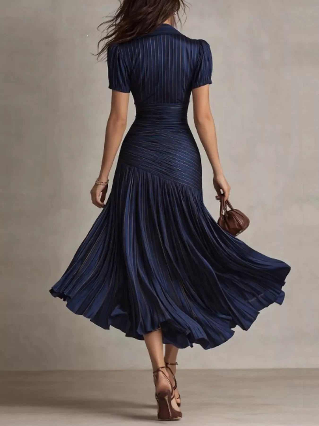 Pleated Striped Short Sleeve Midi Dress