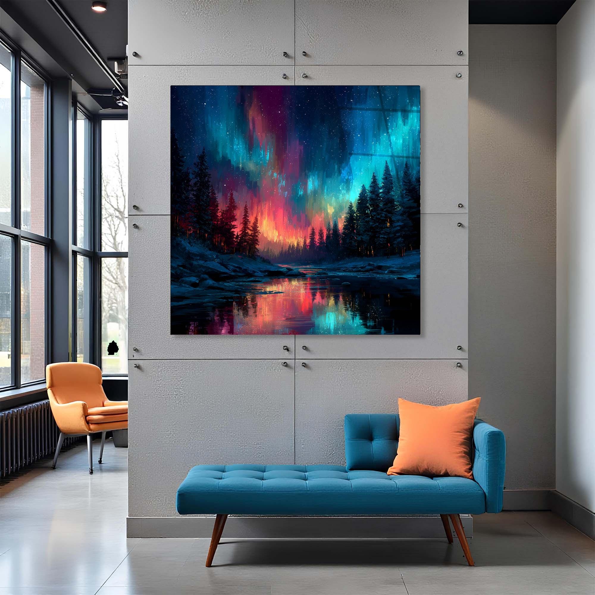 Aurora Borealis Tempered Glass Wall Art | Forest Landscape Decor