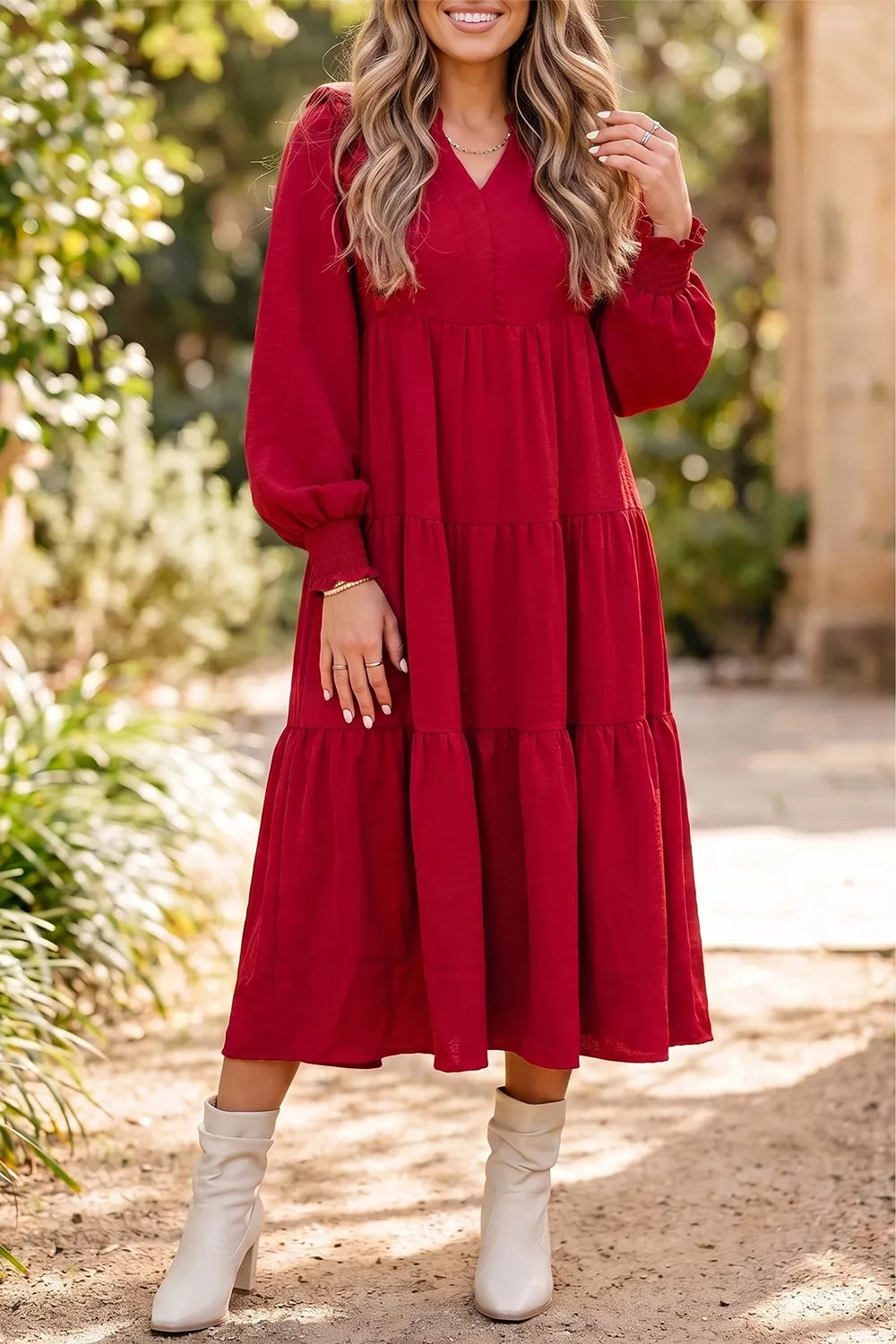 Solid Color Ruffle Trim Long Sleeve Tiered Shift Midi Dress
