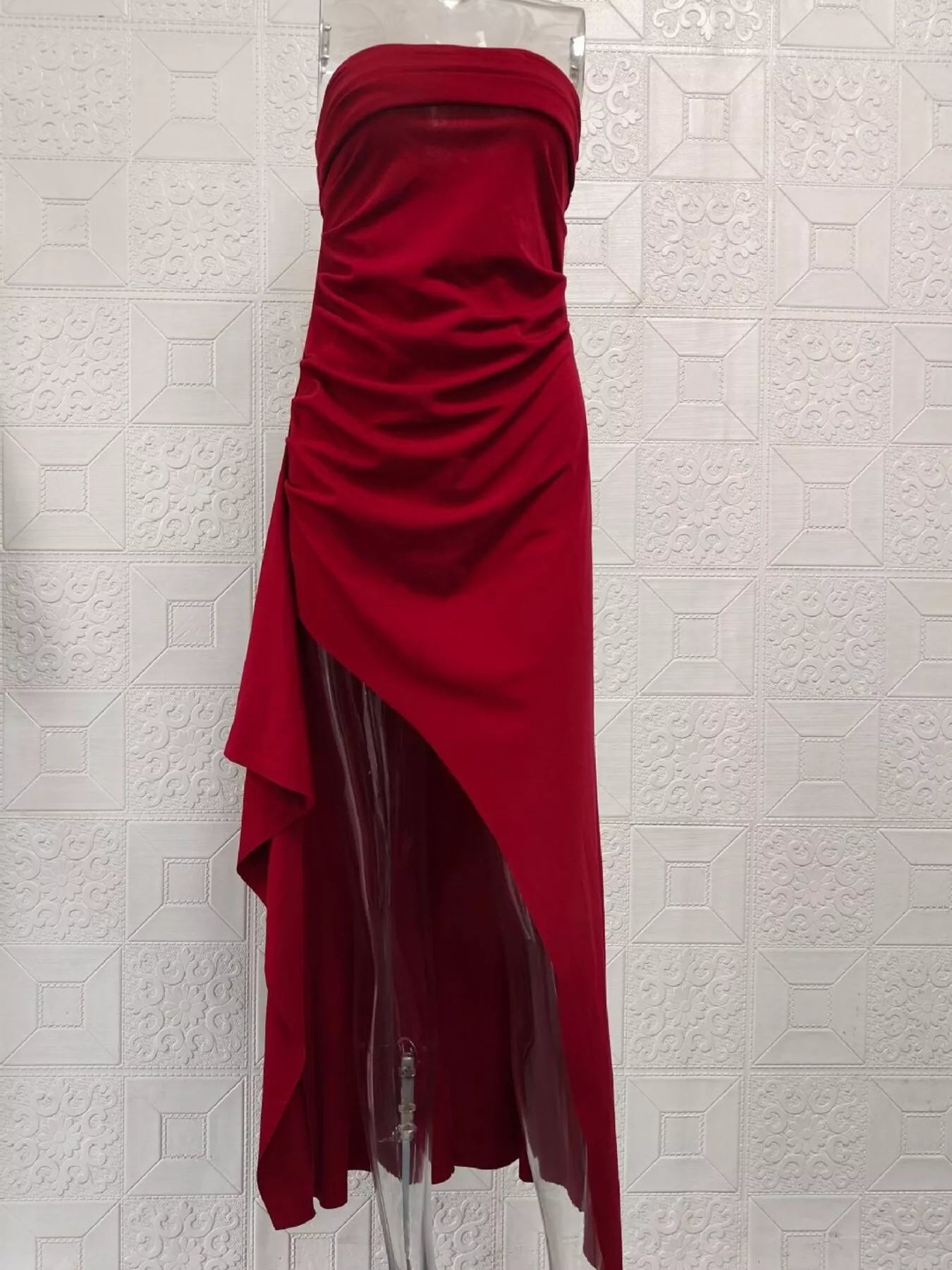 Strapless Ruched High Slit Maxi Dress