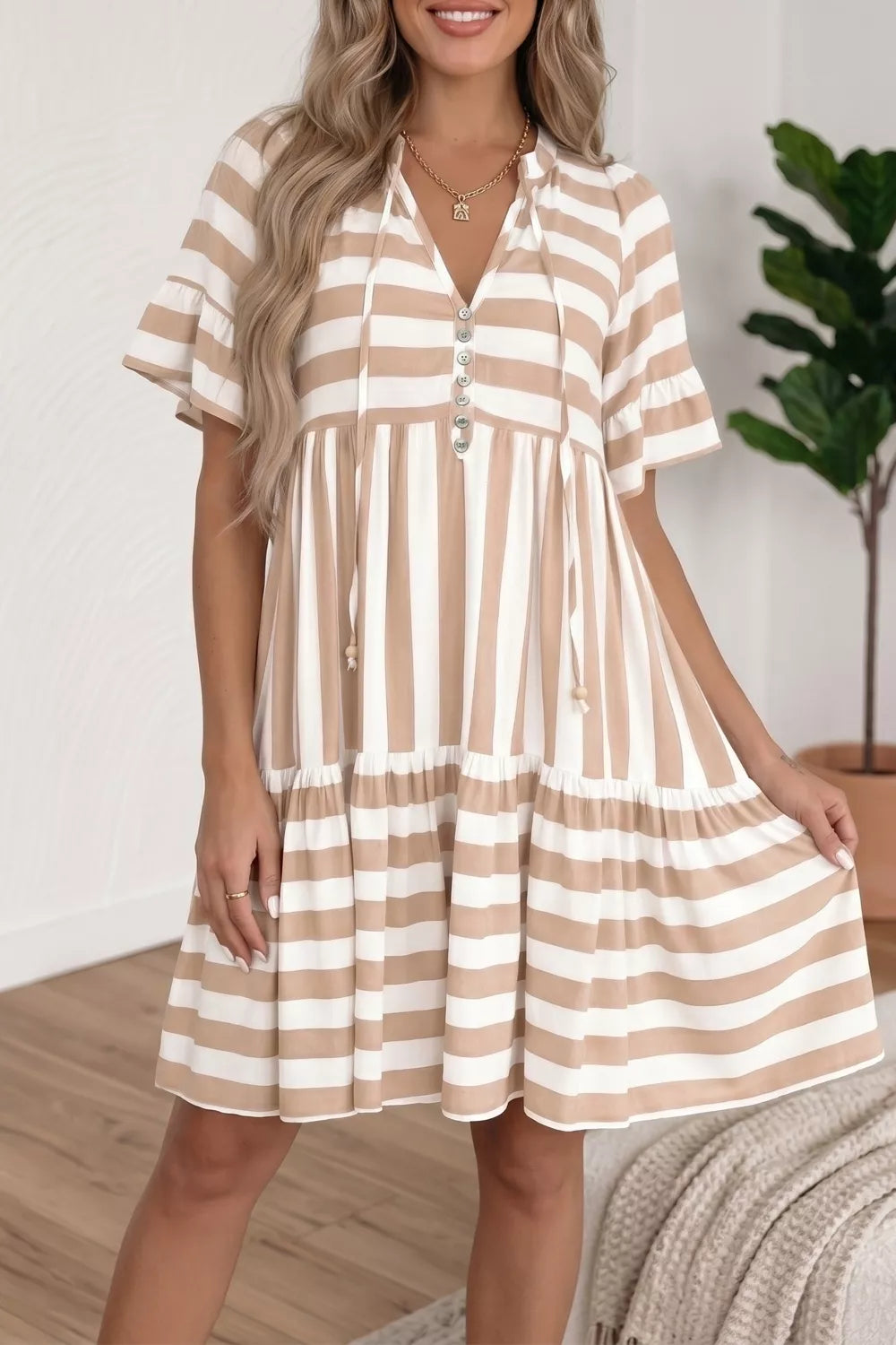 Stripe Tie V Neck Ruffle Trim Short Sleeve Flared Summer Dress