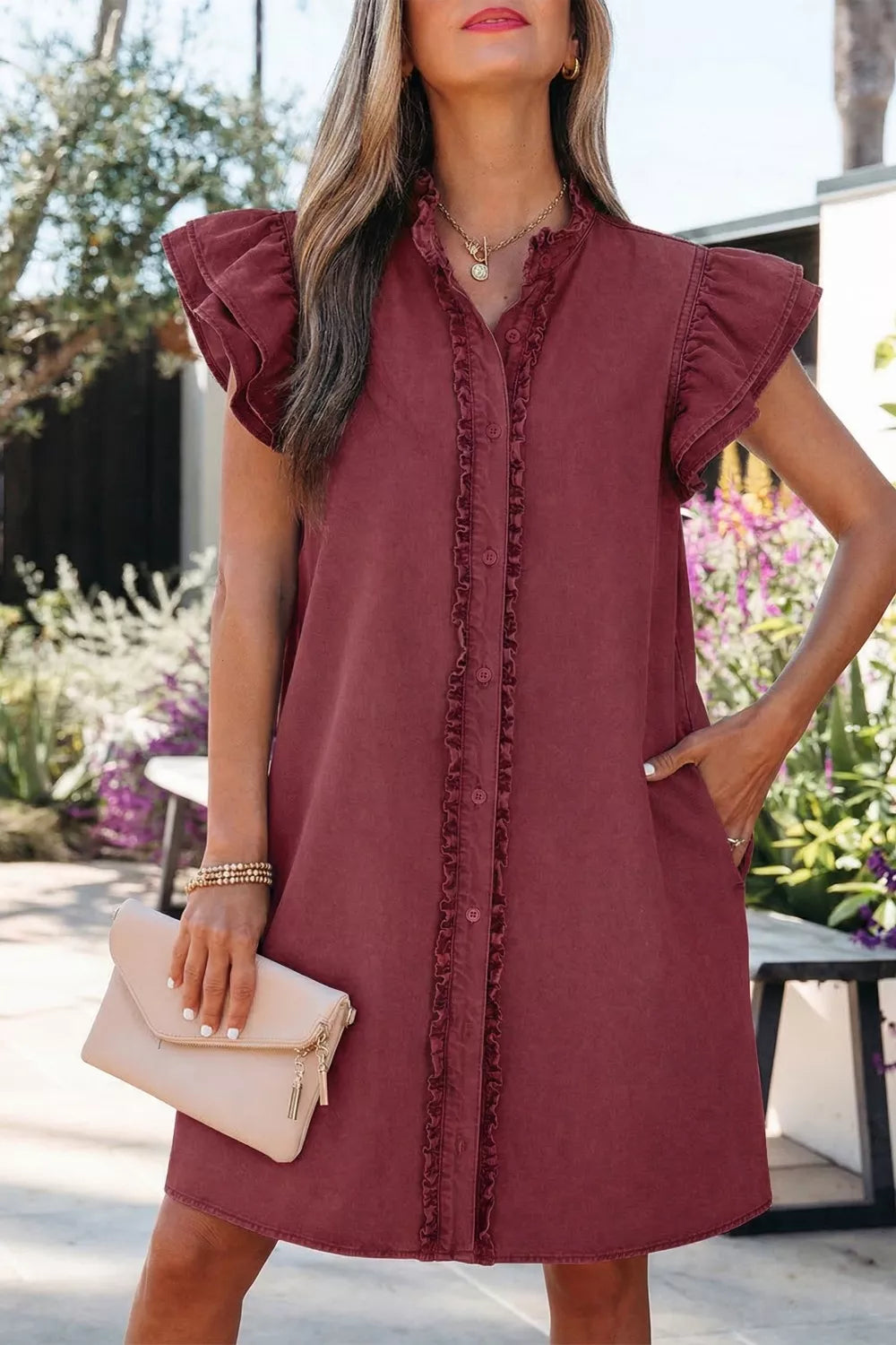 Frilled Detail Button Down Ruffle Short Sleeve Denim Mini Dress