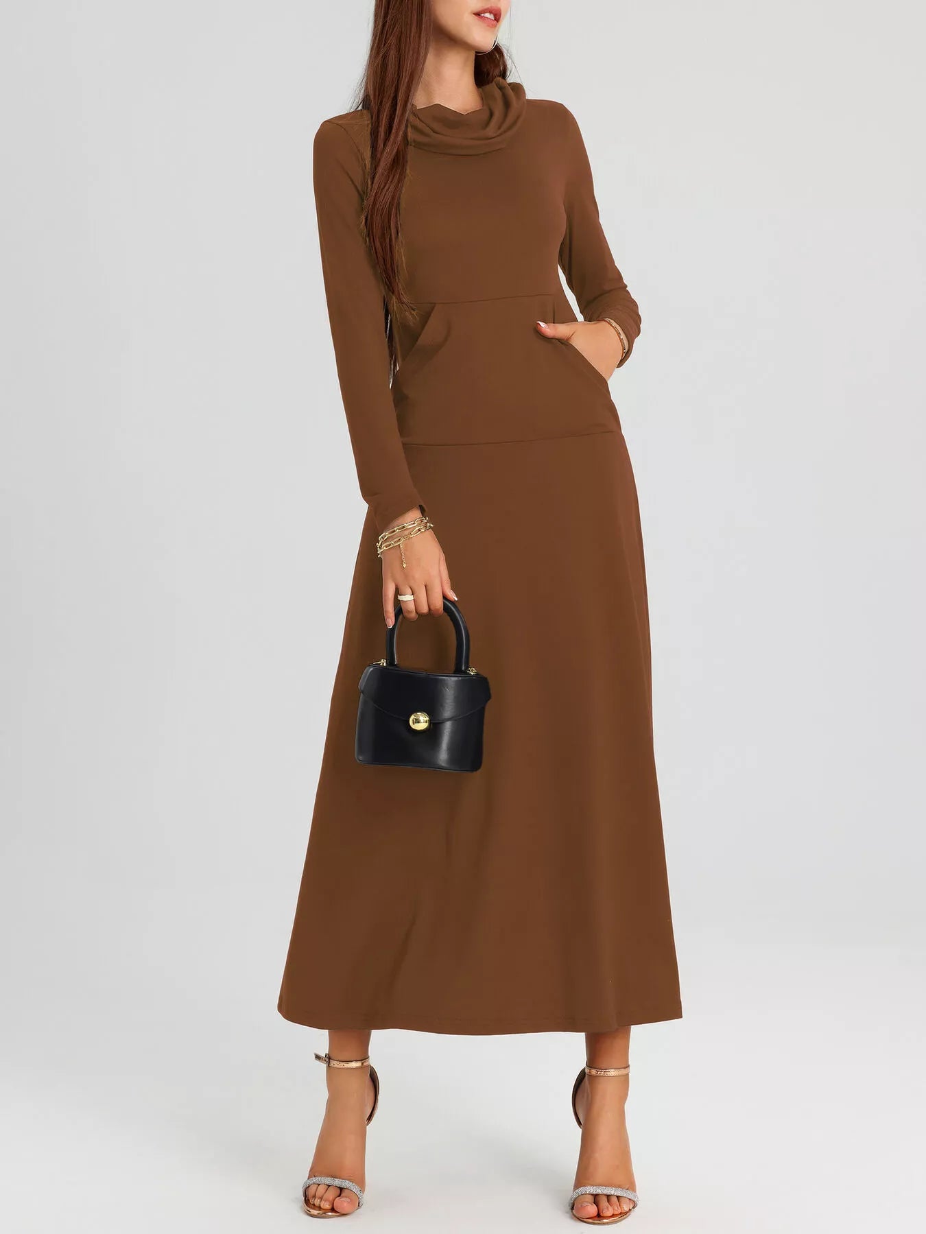 Cowl Neck Long Sleeve Midi Dress