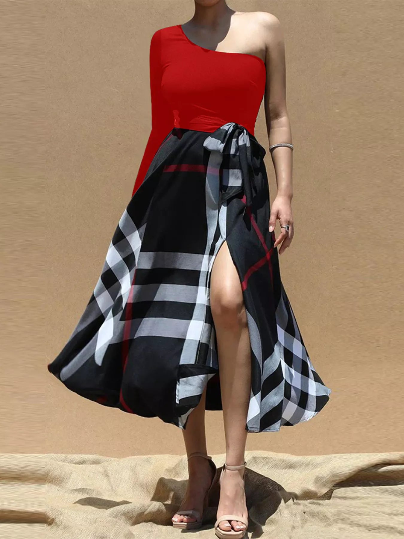 Asymmetrical One-Sleeve Plaid Midi Dress with Waist Tie