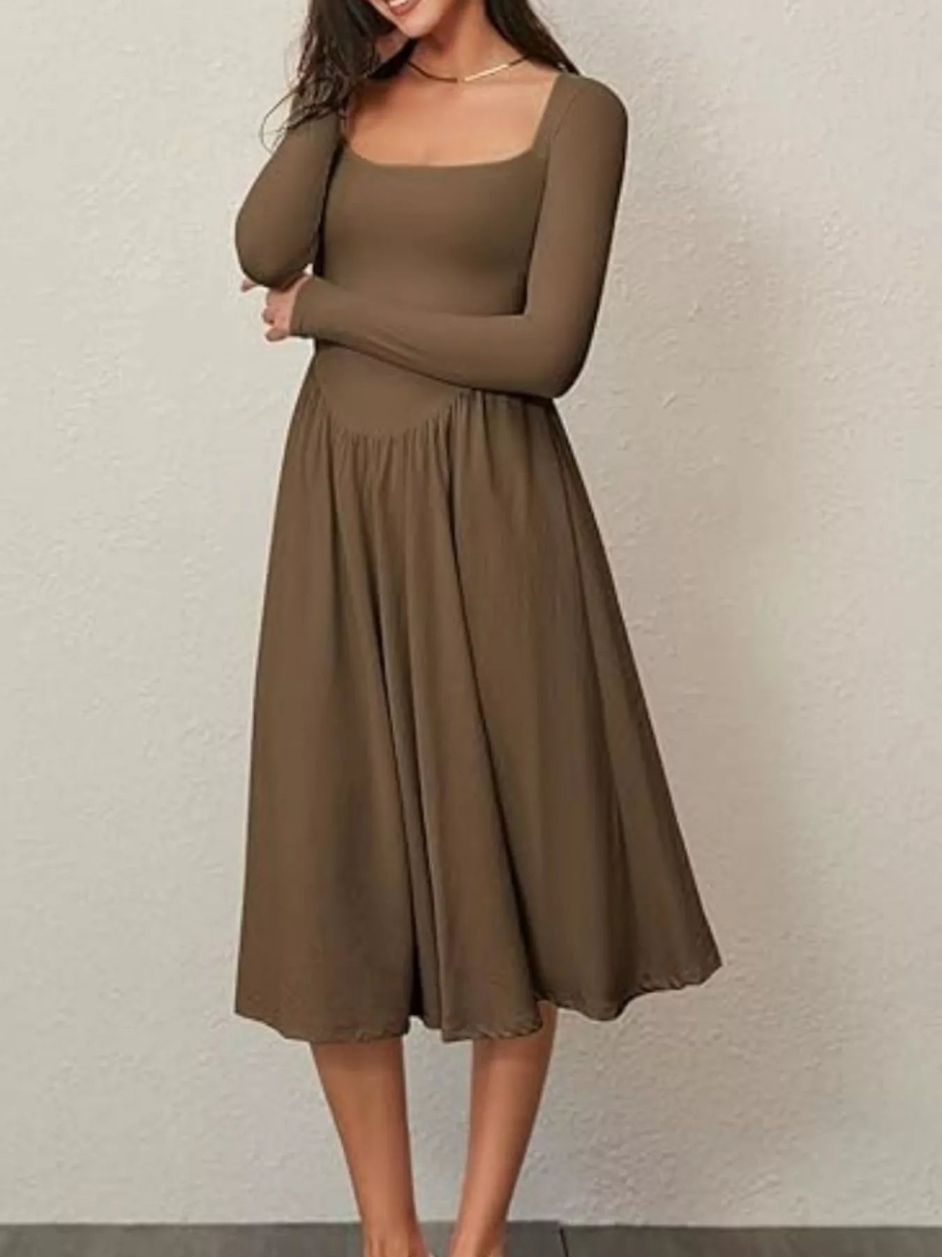 Square Neck Long Sleeve Midi Dress