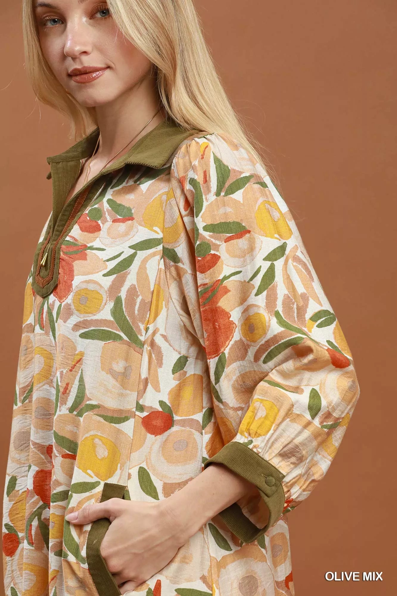 Umgee Mix Floral Contrast Trim Shift Mini Dress