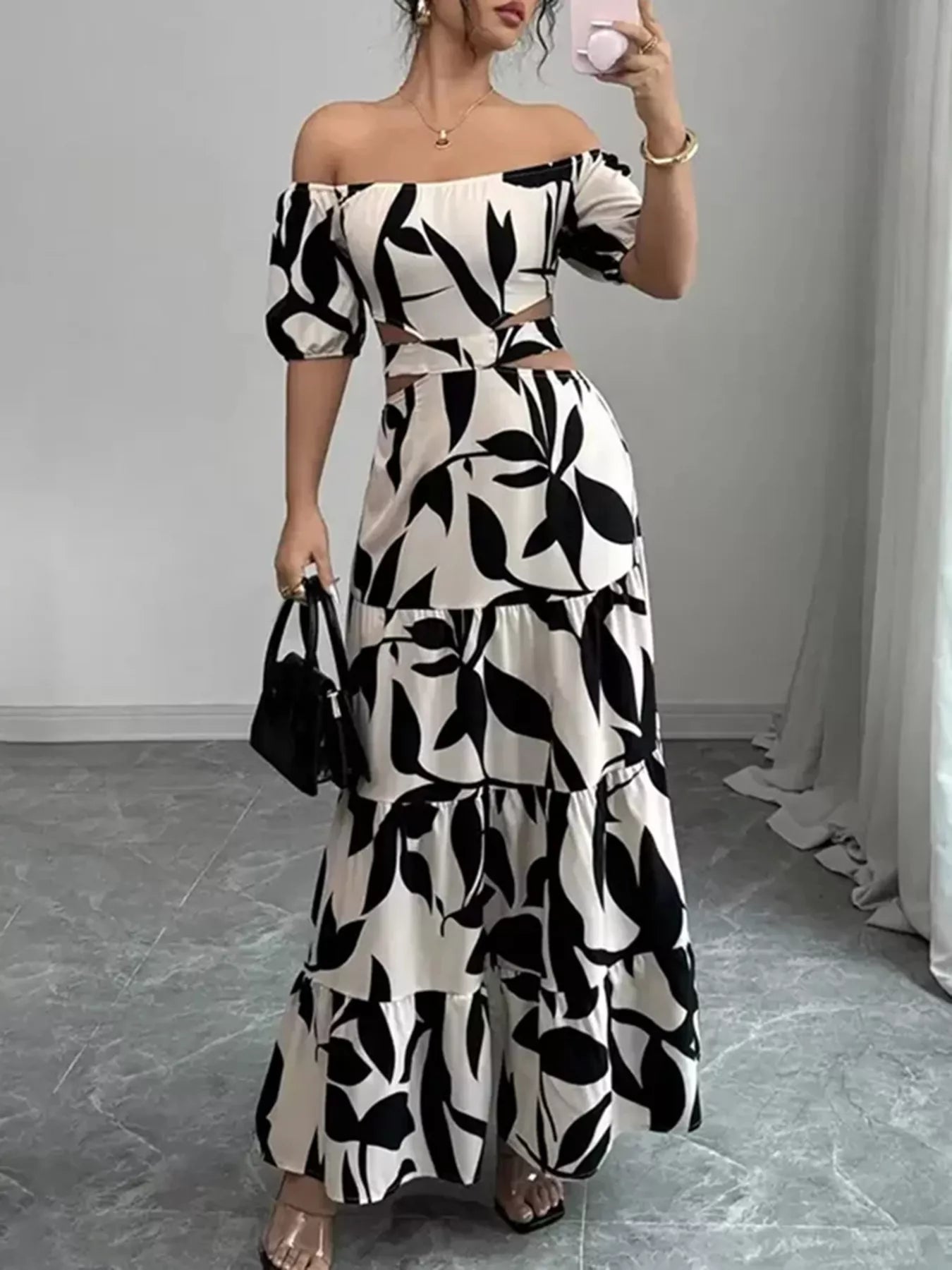 Off-Shoulder Cutout Leaf Print Maxi Dress
