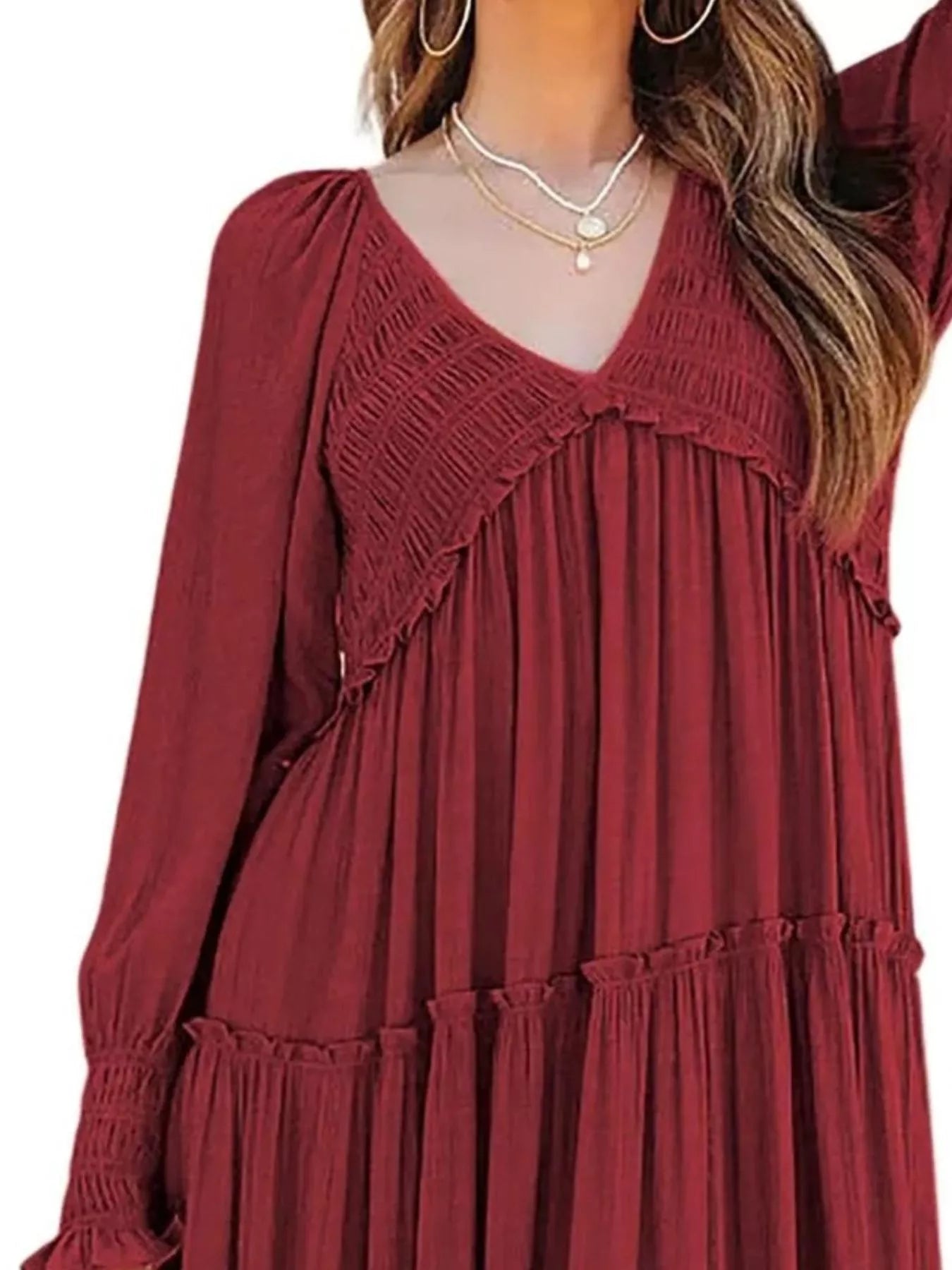 V-Neck Long Sleeve Tiered Maxi Dress
