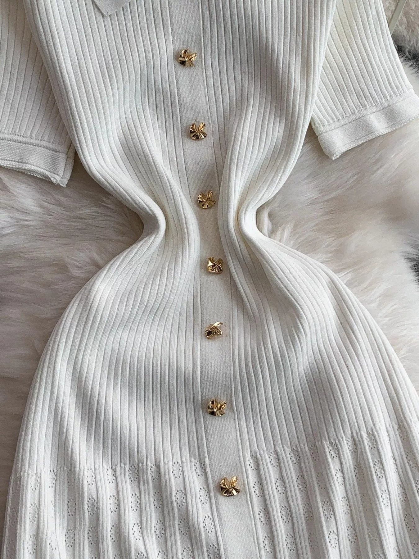 Button Front Ribbed Knit Midi Dress