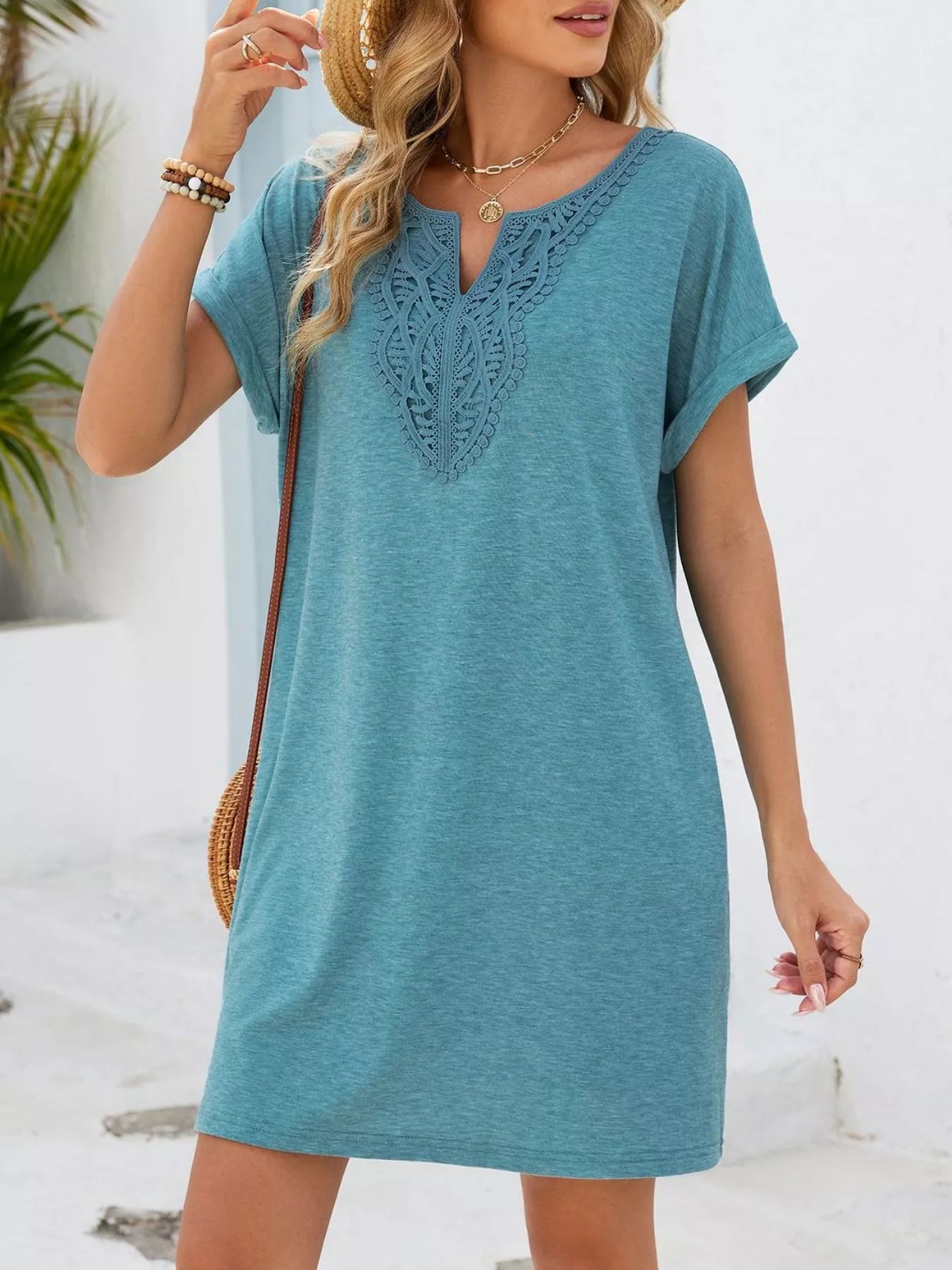 Lace Trim Notched Short Sleeve Dress